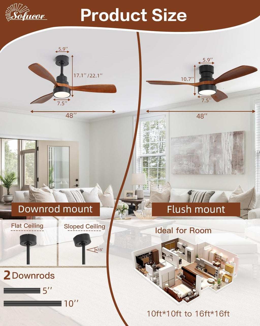 Sofucor 48 Inch Ceiling Fans with Lights and Remote Control-Modern Flush Mount & Downrod Mount Ceiling Fan for Bedroom Living Room Indoor Outdoor Farmhouse Patio, Timer Quiet DC Motor, Black&Walnut