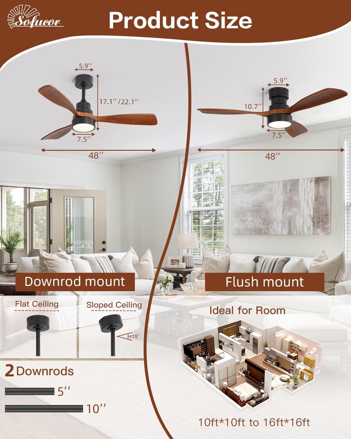 Sofucor 48 Inch Ceiling Fans with Lights and Remote Control-Modern Flush Mount & Downrod Mount Ceiling Fan for Bedroom Living Room Indoor Outdoor Farmhouse Patio, Timer Quiet DC Motor, Black&Walnut