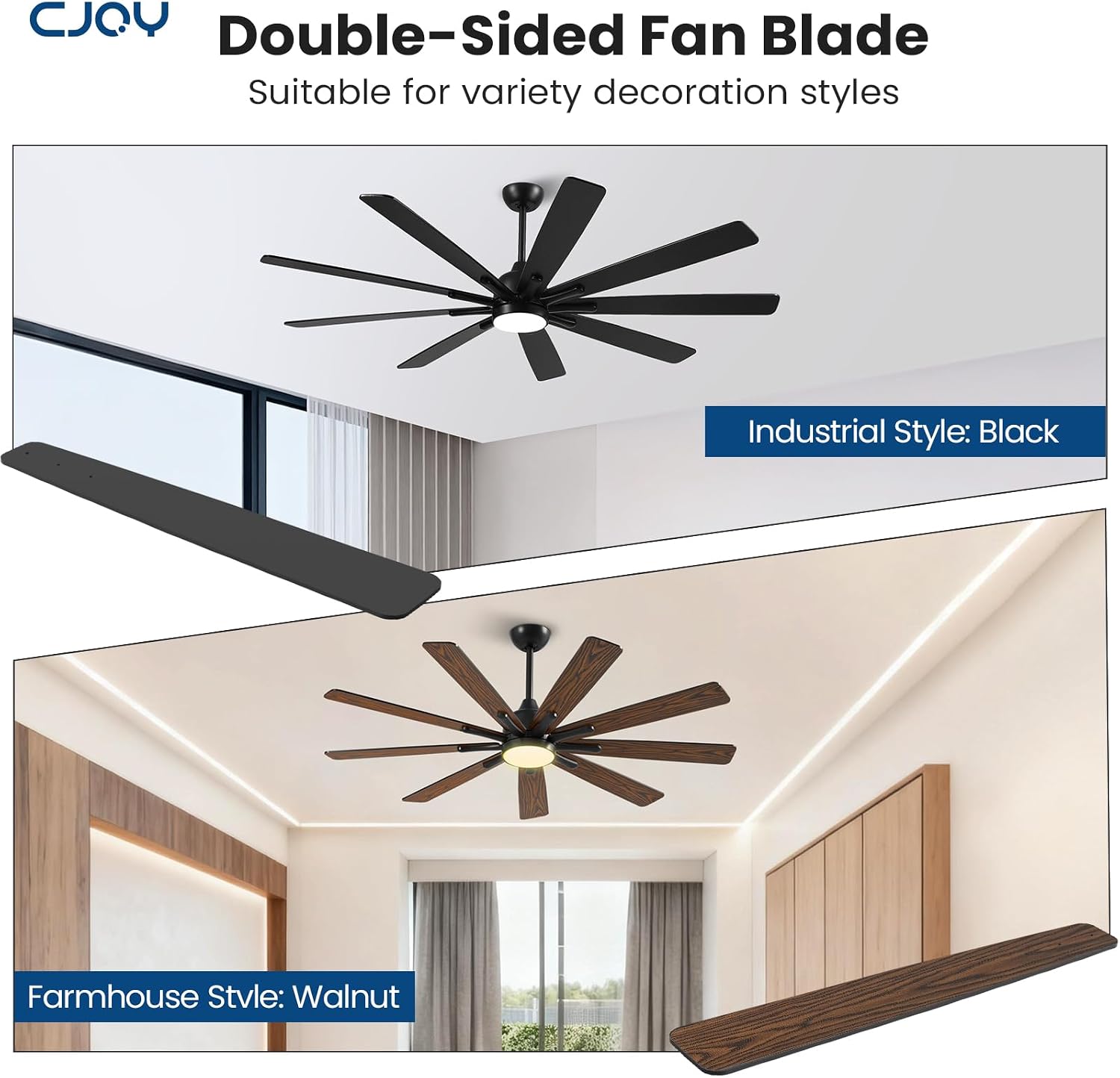 72 Inch Ceiling Fan with Light，Indoor/Outdoor Large Ceiling Fans with Lights for Kitchen Living Room Patio,8 Blade Black Reversible Quiet DC Motor,6 Speeds, Dimmable，3 CCT(Dual Finish)