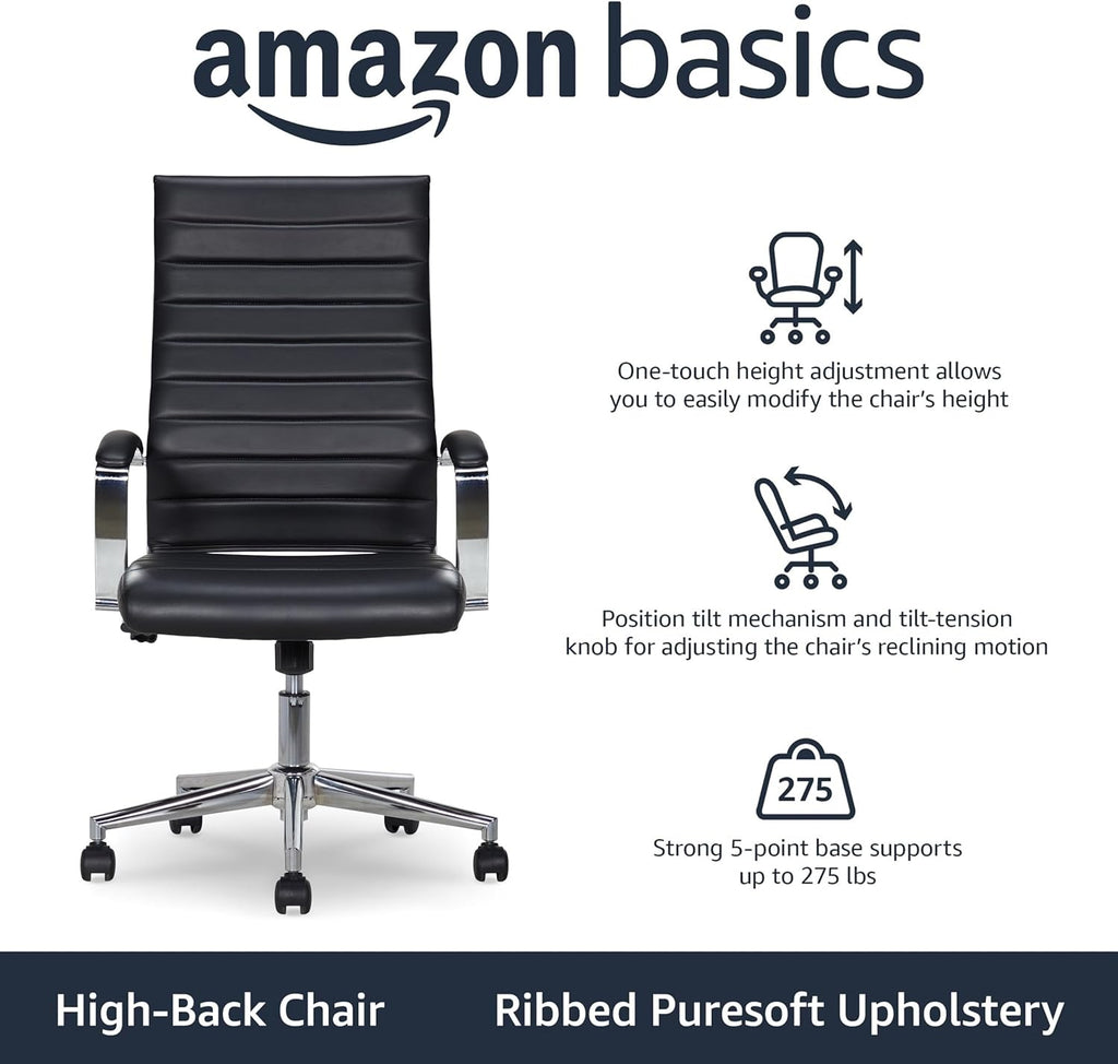 Amazon Basics High-Back Swivel Office Chair with Lumbar Support, Ergonomic Ribbed Faux Leather, Adjustable Height, 45.25' x 24.75' x 23.25', Black