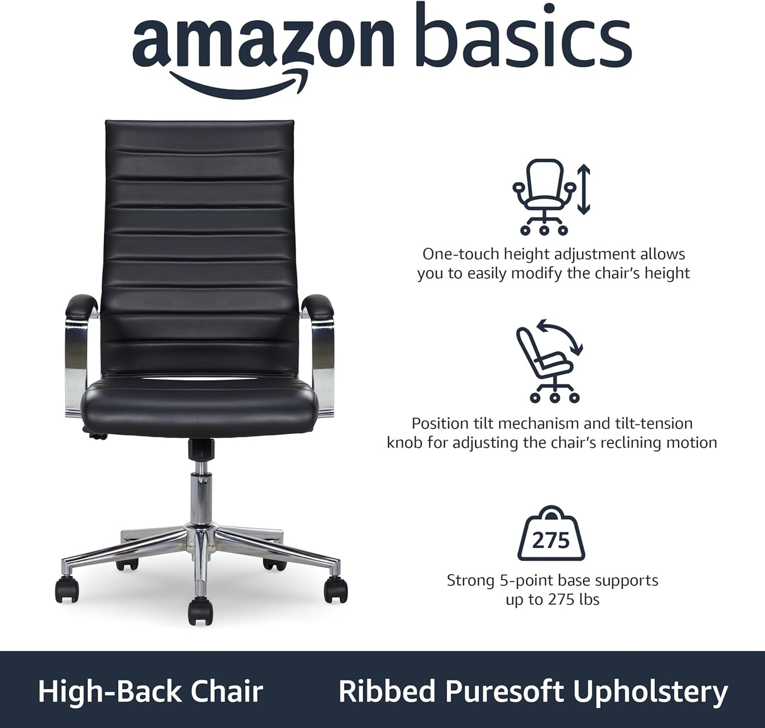 Amazon Basics High-Back Swivel Office Chair with Lumbar Support, Ergonomic Ribbed Faux Leather, Adjustable Height, 45.25' x 24.75' x 23.25', Black