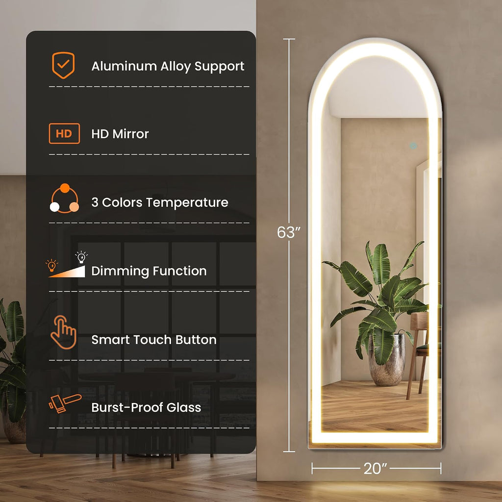 Elevon Full Length Mirror with LED Lights, 63'x20' Floor Mirror with Dimming & 3 Color Lighting, Led Mirrors Full Length with Stand for Bedroom, Dressing Room, Arched