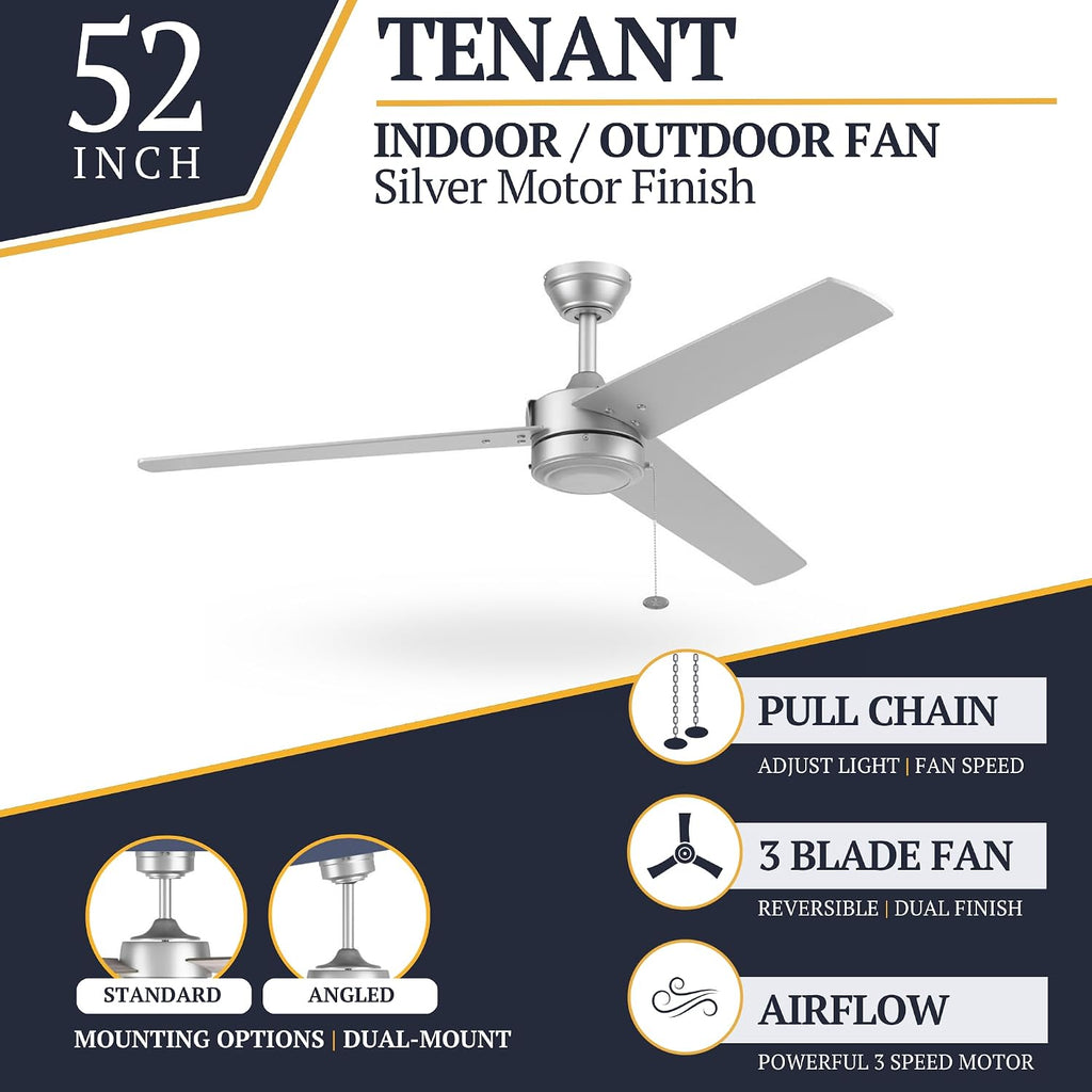 Prominence Home Tenant, 52 Inch Contemporary Indoor Outdoor LED Ceiling Fan, No Light, Pull Chain, Dual Mounting Options, 3 Dual Finish Blades, Reversible Airflow - 51867-01 (Brushed Nickel)