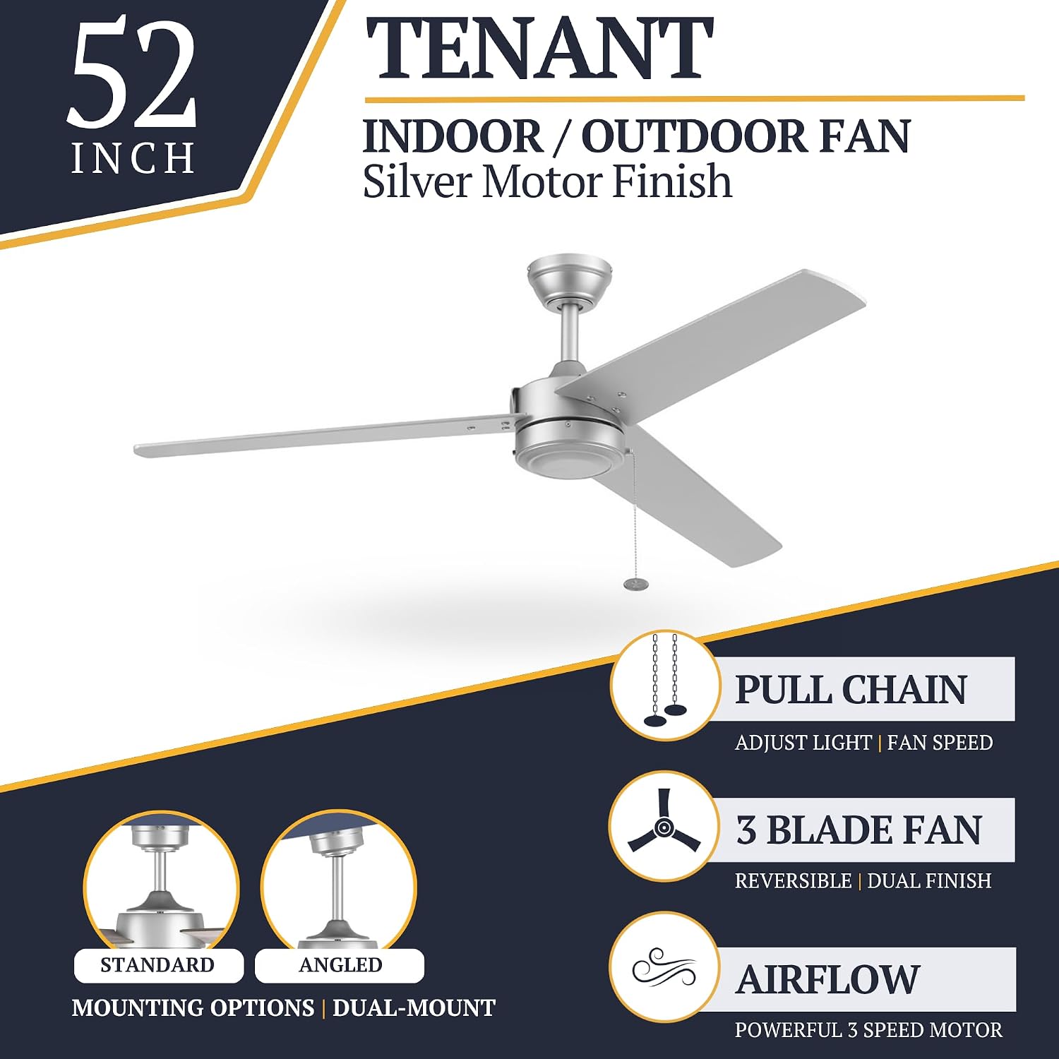 Prominence Home Tenant, 52 Inch Contemporary Indoor Outdoor LED Ceiling Fan, No Light, Pull Chain, Dual Mounting Options, 3 Dual Finish Blades, Reversible Airflow - 51867-01 (Brushed Nickel)