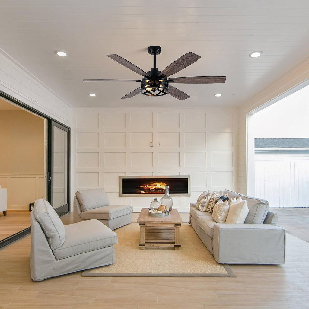 Dawn Whisper 60 Inch Farmhouse Ceiling Fans with Lights and Remote Large Black Caged Rustic Chandelier Ceiling Fan for Bedroom Living Room Quiet and Reversible DC Motor 6 Speeds