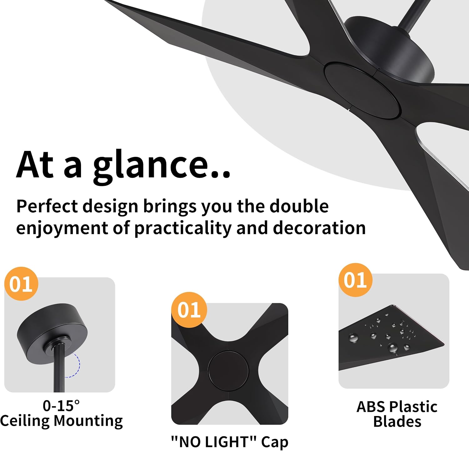 WINGBO 54' Wet Rated Outdoor Ceiling Fan without Lights, 4 ABS Plastic Blades, Reversible DC Motor, 6-Speed Remote Control, Waterproof Ceiling Fan No Lights for Patio Porch Gazebo Garage, Black