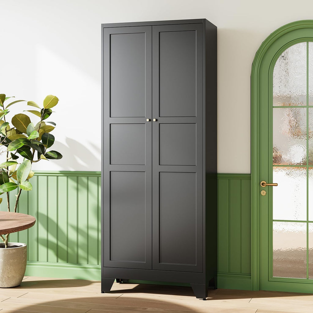 Letaya 75' H Metal Storage Cabinet with 2 Doors and 4 Shelves,Tall Kitchen Pantry Cabinets,Farmhouse Utility Pantry Organizers for Cupboard/Dining/Bathroom/Home Office/Garage Room,Black