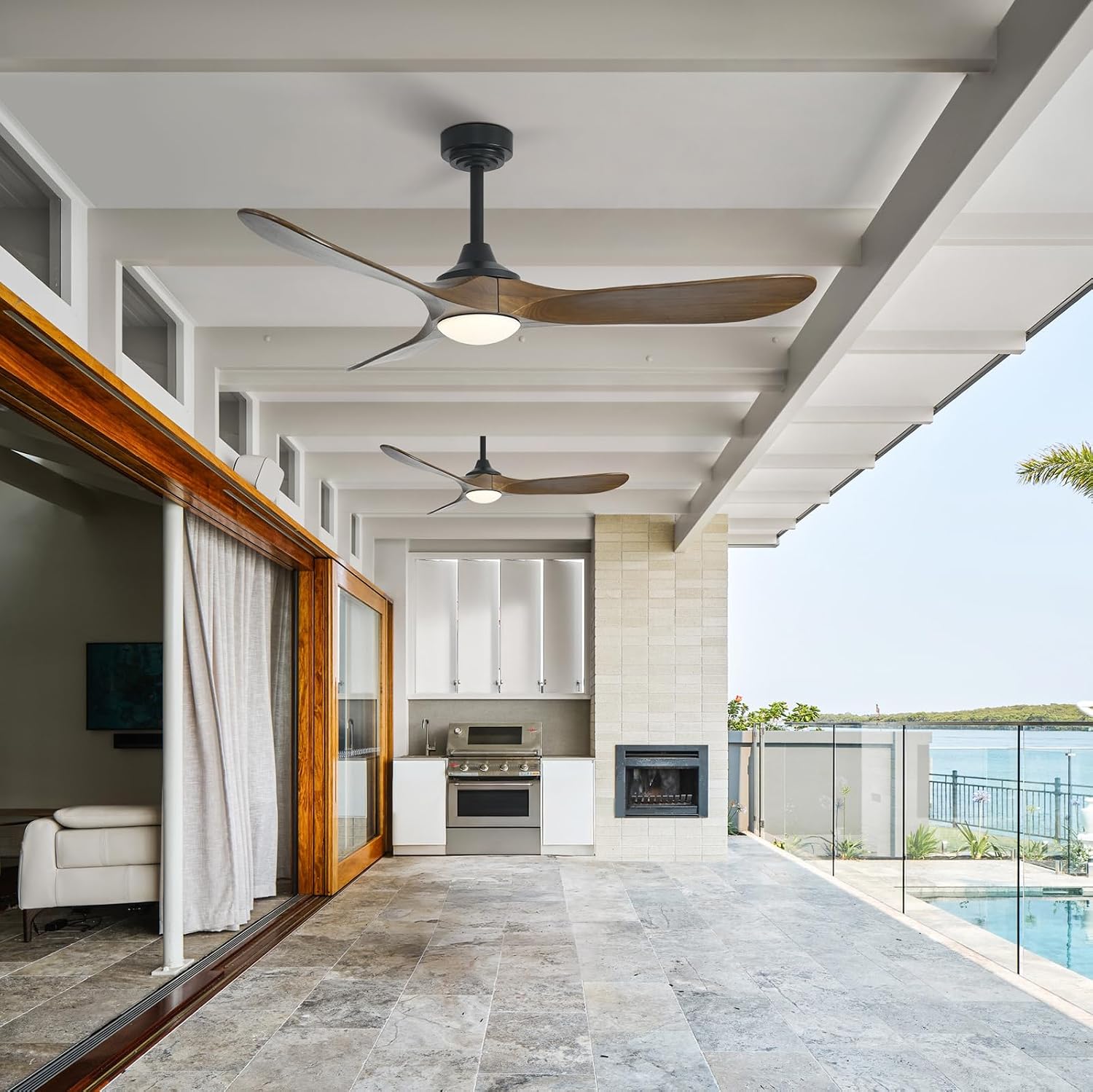 52' Outdoor Ceiling Fan with Light, Compatible with Alexa/Google, 3 Walnut Solid Wood Blade, Noiseless Reversible Dc Motor, Smart Outdoor Wood Ceiling Fan for Farmhouse Patios, Bronze