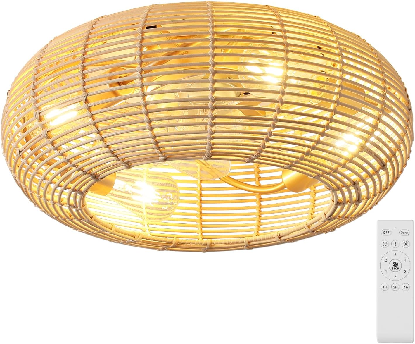 AIJIASI 20' Boho Ceiling Fan with Light and Remote, Rattan Caged Ceiling Fan with Light 6 Speeds Flush Mount Fandelier Ceiling Fan for Bedroom Living Room (4*E26 Base)