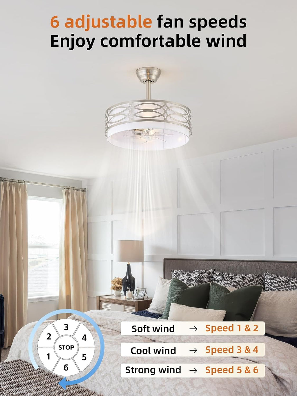 20' Silver Boho Ceiling Fan with Light, Caged Fandelier Ceiling Fans with Lights Remote Control with 6 Speeds for Bedroom, Living Room, Nursery