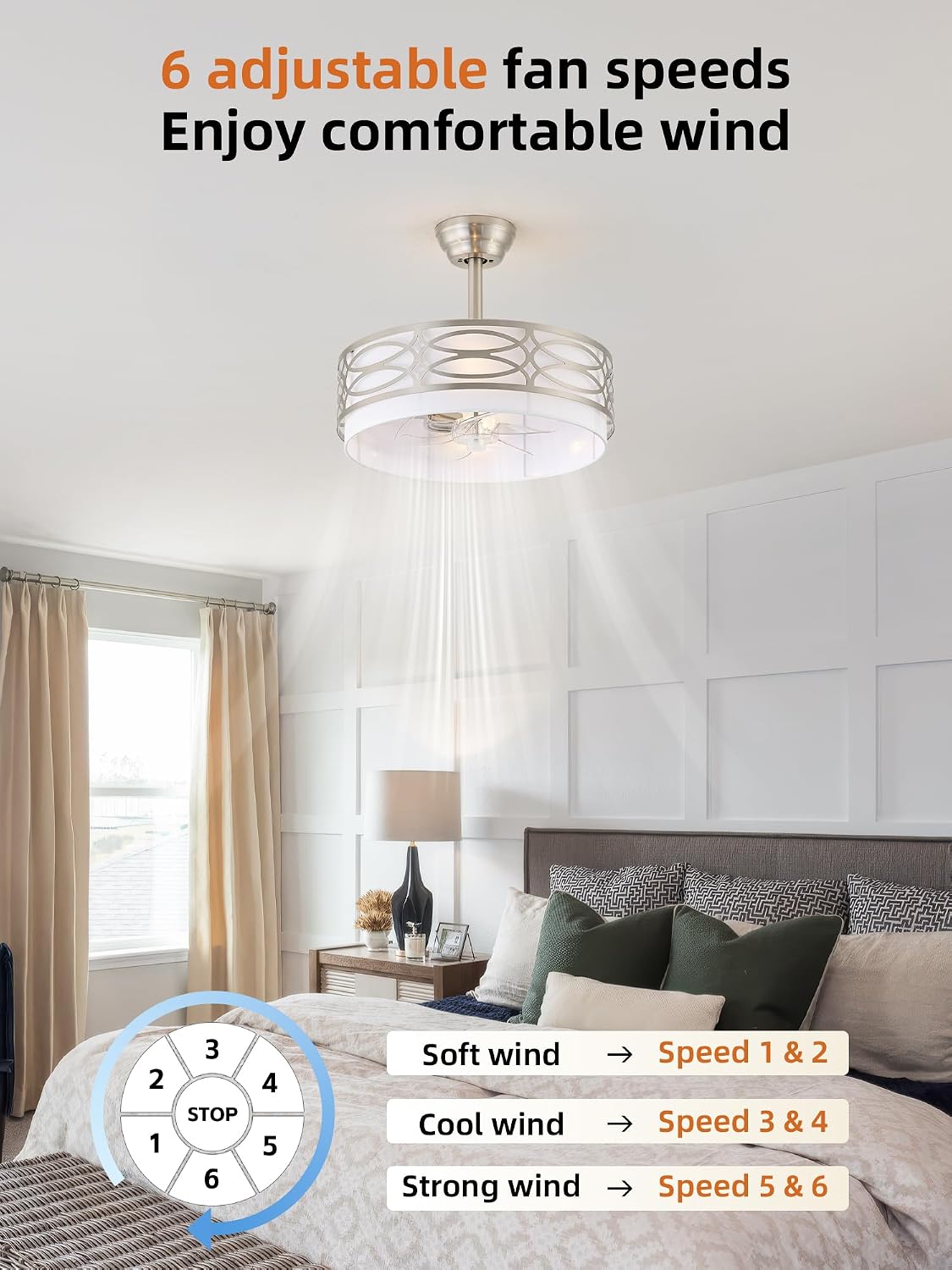 20' Silver Boho Ceiling Fan with Light, Caged Fandelier Ceiling Fans with Lights Remote Control with 6 Speeds for Bedroom, Living Room, Nursery