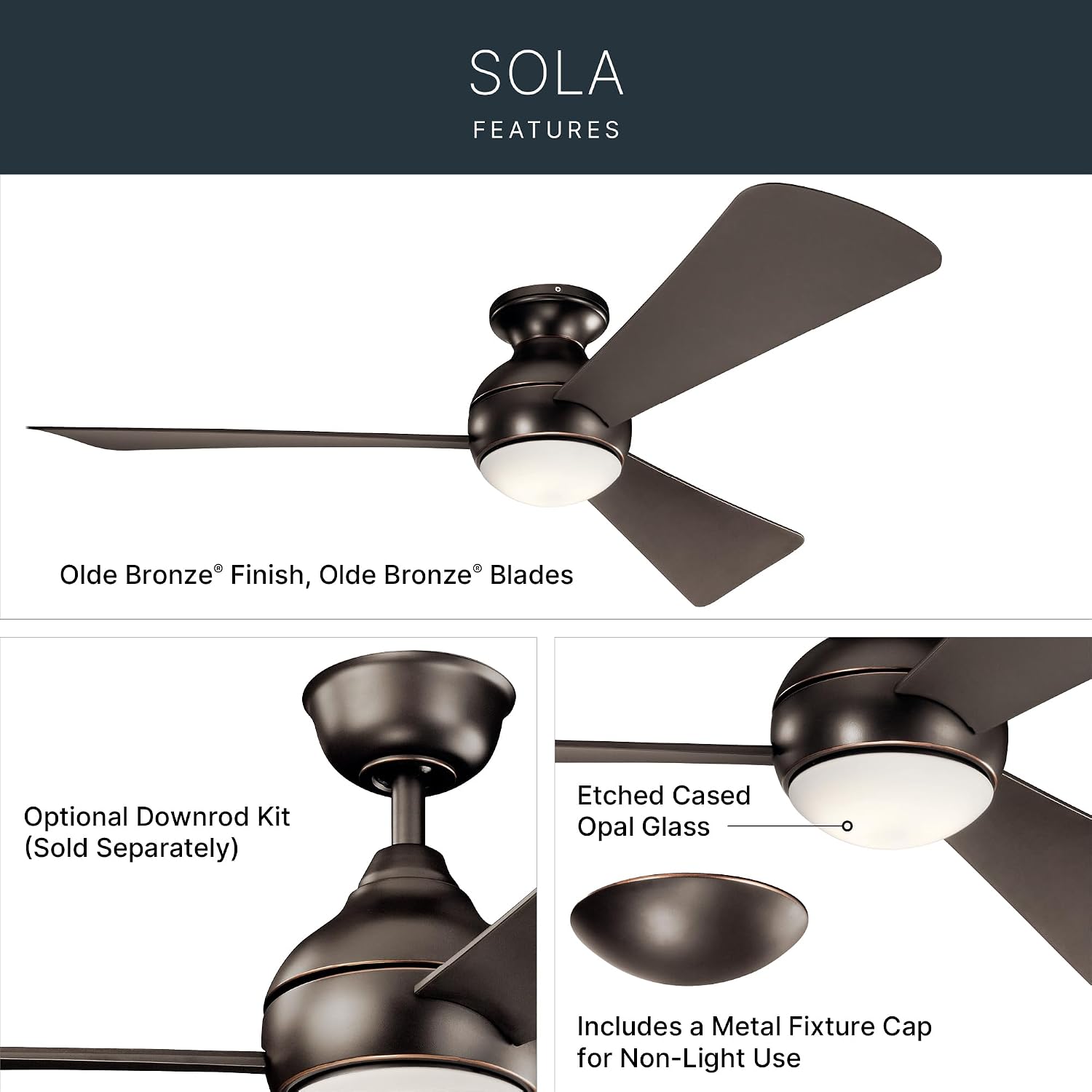 Kichler Sola 54' LED Indoor Outdoor Ceiling Fan In Old Bronze®, 3-Blade, 3000K, (54' W x 11' H), 330152OZ