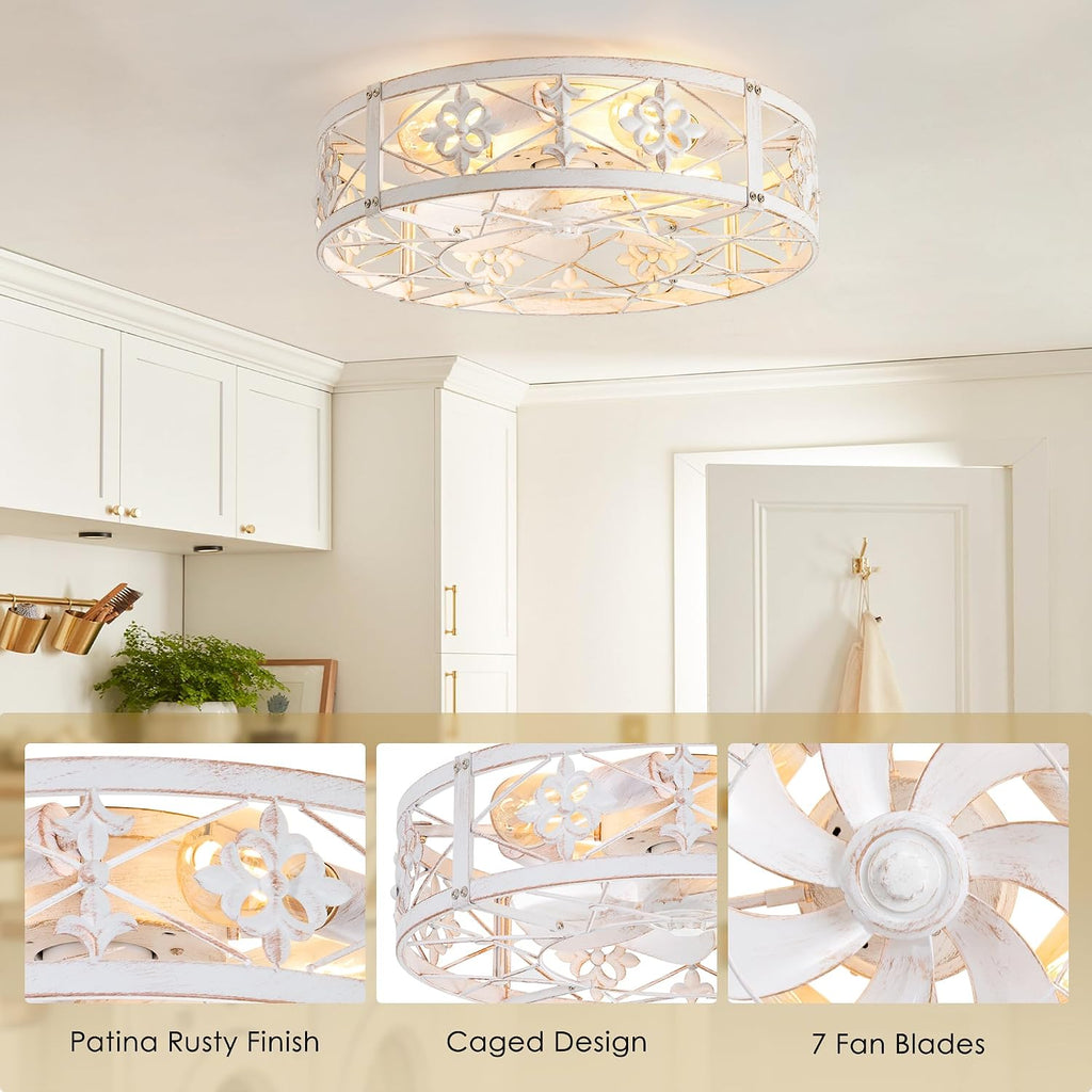ZYD Caged Ceiling Fans with Light, 20' Ceiling Fans with Lights and Remote Flush Mount, Bladeless Caged Ceiling Fan with Light, Rust White Farmhouse Ceiling Fan for Bedroom, Kitchen, Dining Room