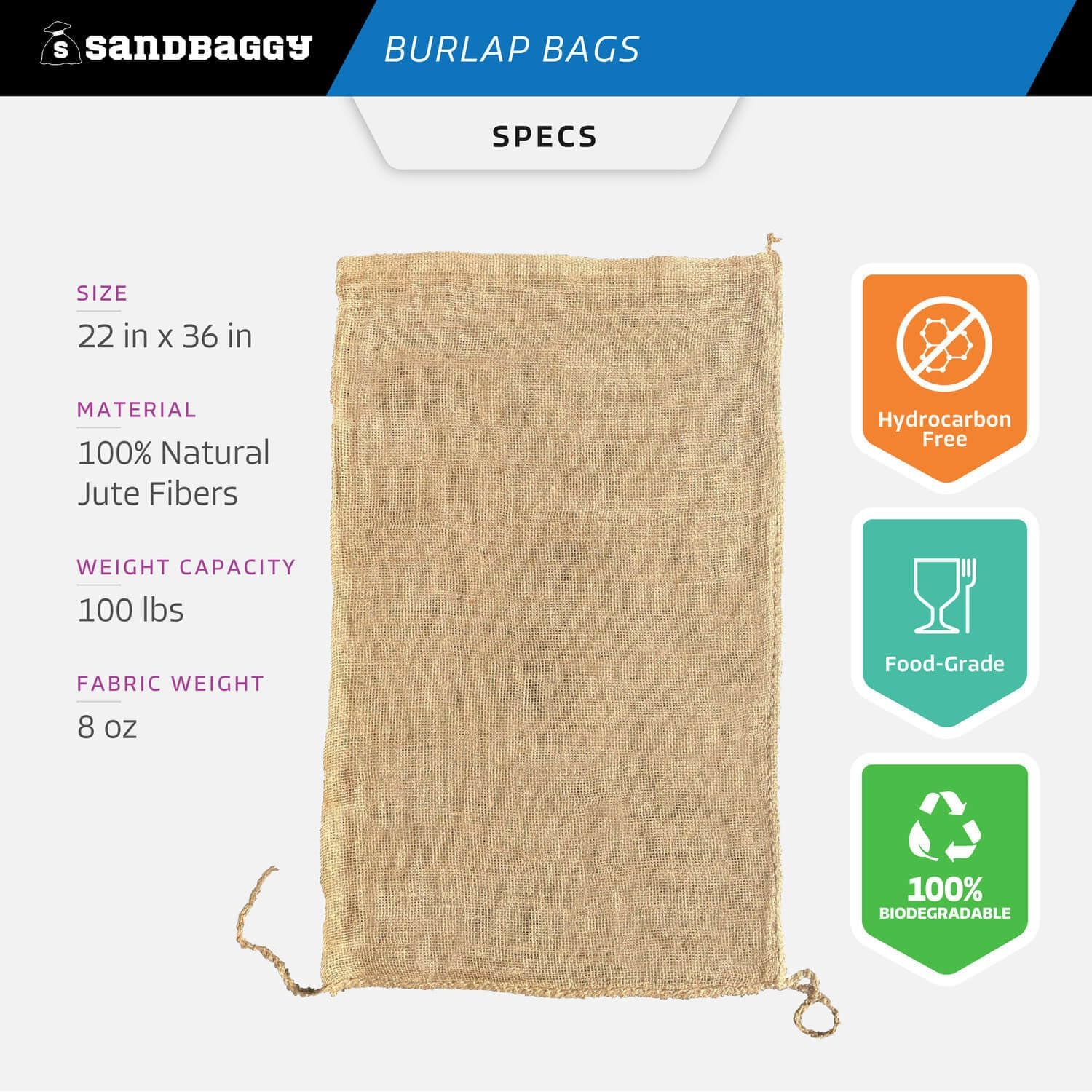 Burlap Bags 22' x 36' - Great for Planting/Gardening - Kids Sack Bag - Plant Covers - Food Grade - Sacks Burlap by Sandbaggy (Pack of 50)