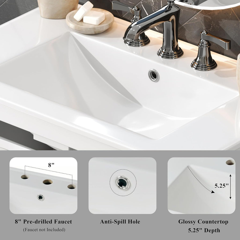 30' Bathroom Vanity with Sink, Bathroom Sink with Cabinet, Adjustable Interior Shelf, Convenient Tip-Out Tray, Silver Metal Knobs, A Modern and Practical Choice for Guest Suites