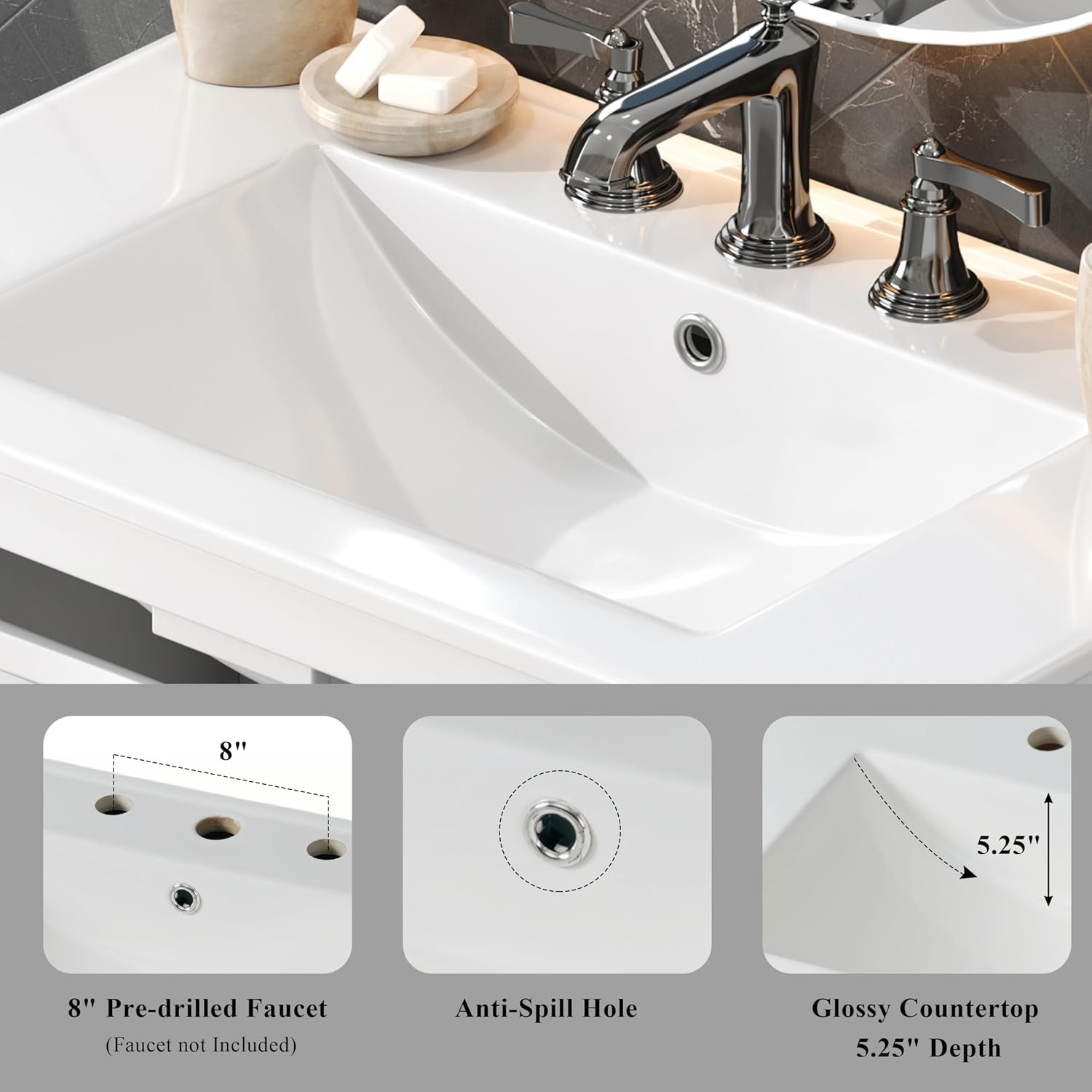 30' Bathroom Vanity with Sink, Bathroom Sink with Cabinet, Adjustable Interior Shelf, Convenient Tip-Out Tray, Silver Metal Knobs, A Modern and Practical Choice for Guest Suites