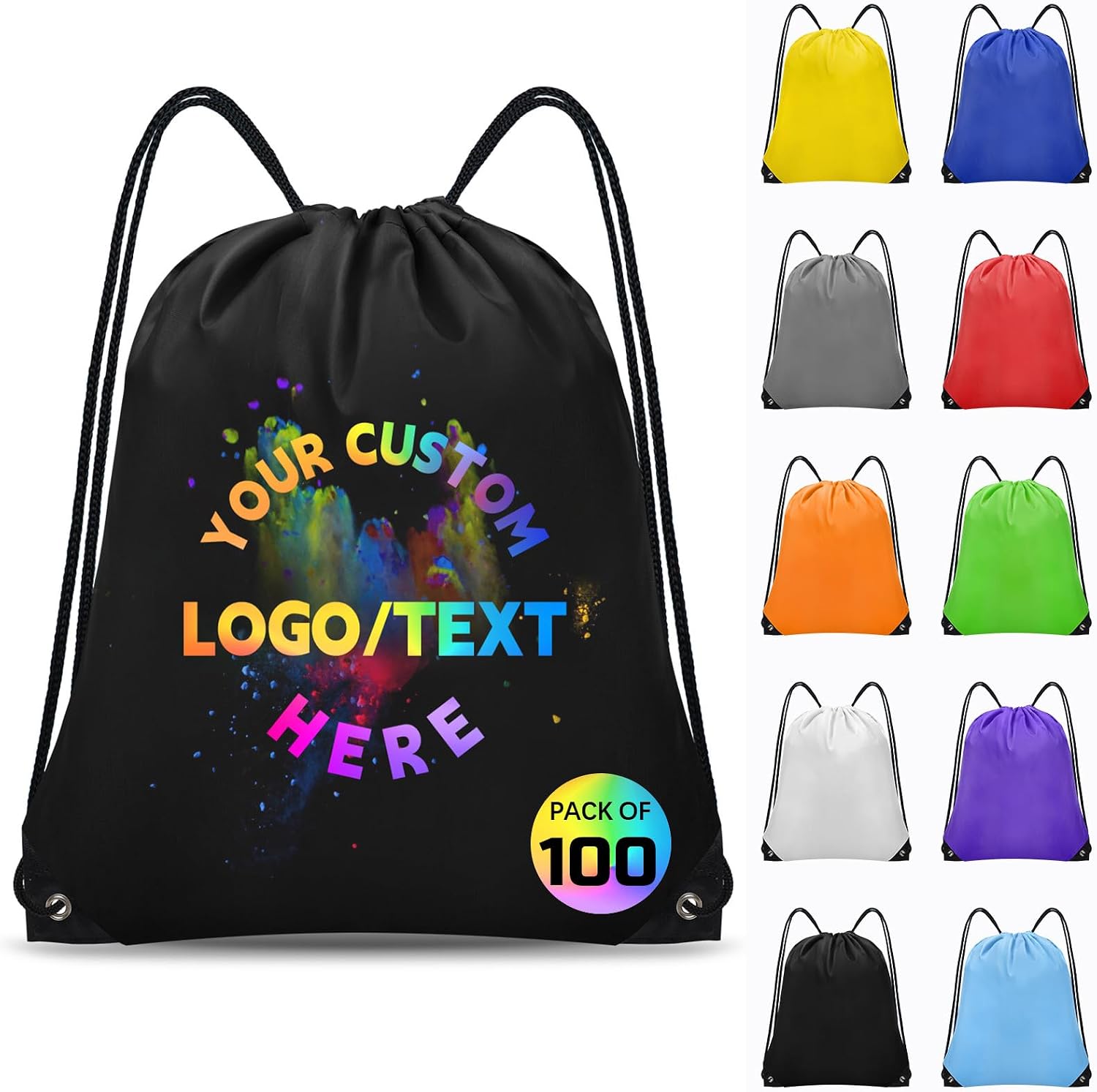 Grneric Custom Drawstring Bags Bulk 10/20/50/100/200 Pack, Promotional Items With Your Logo Personalized String Backpack for Gym, Sport, Travel, Black