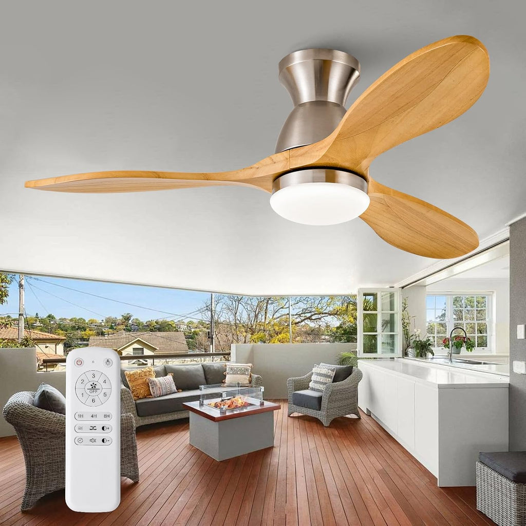 42 Inch Flush Mount Ceiling Fans with Lights and Remote, Dimmable 3 Blade Wood Bedroom Ceiling Fan with Lights Low Profile Ceiling Fan with Light Brushed Nickel Outdoor Ceiling Fans for Patios