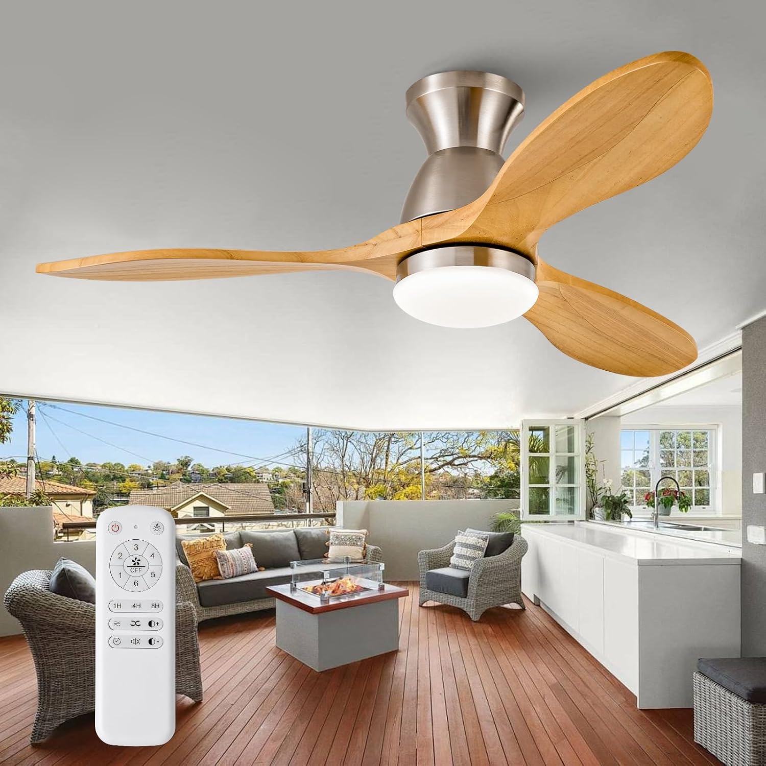 42 Inch Flush Mount Ceiling Fans with Lights and Remote, Dimmable 3 Blade Wood Bedroom Ceiling Fan with Lights Low Profile Ceiling Fan with Light Brushed Nickel Outdoor Ceiling Fans for Patios