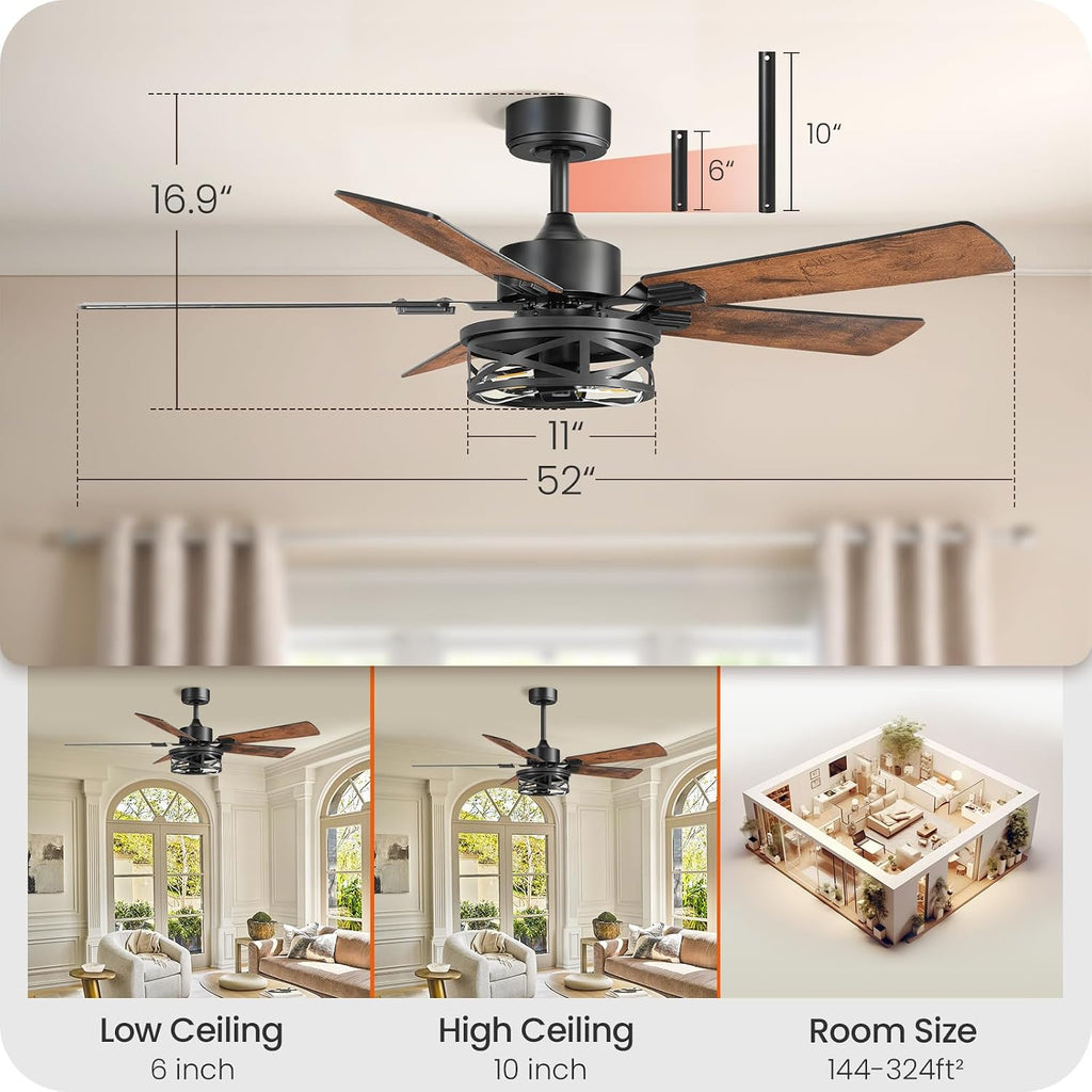 2 PACK 52 Inch Farmhouse Ceiling Fans with Lights and Remote, Timer, Dual Finish 5 Blades (Walnut and Black), 6 Speeds, Reversible DC Motor, Rustic & Industrial Caged Ceiling Fan FB01CFP205