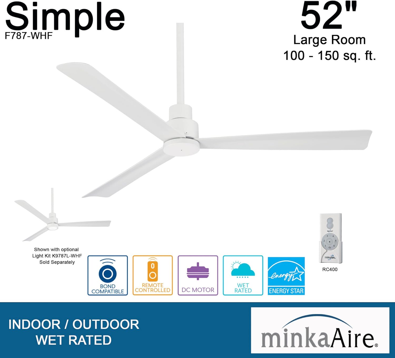 Minka-Aire F787-WHF Protruding Mount, 3 Flat White Bladed, Smart Ceiling Fan, White - Ivory