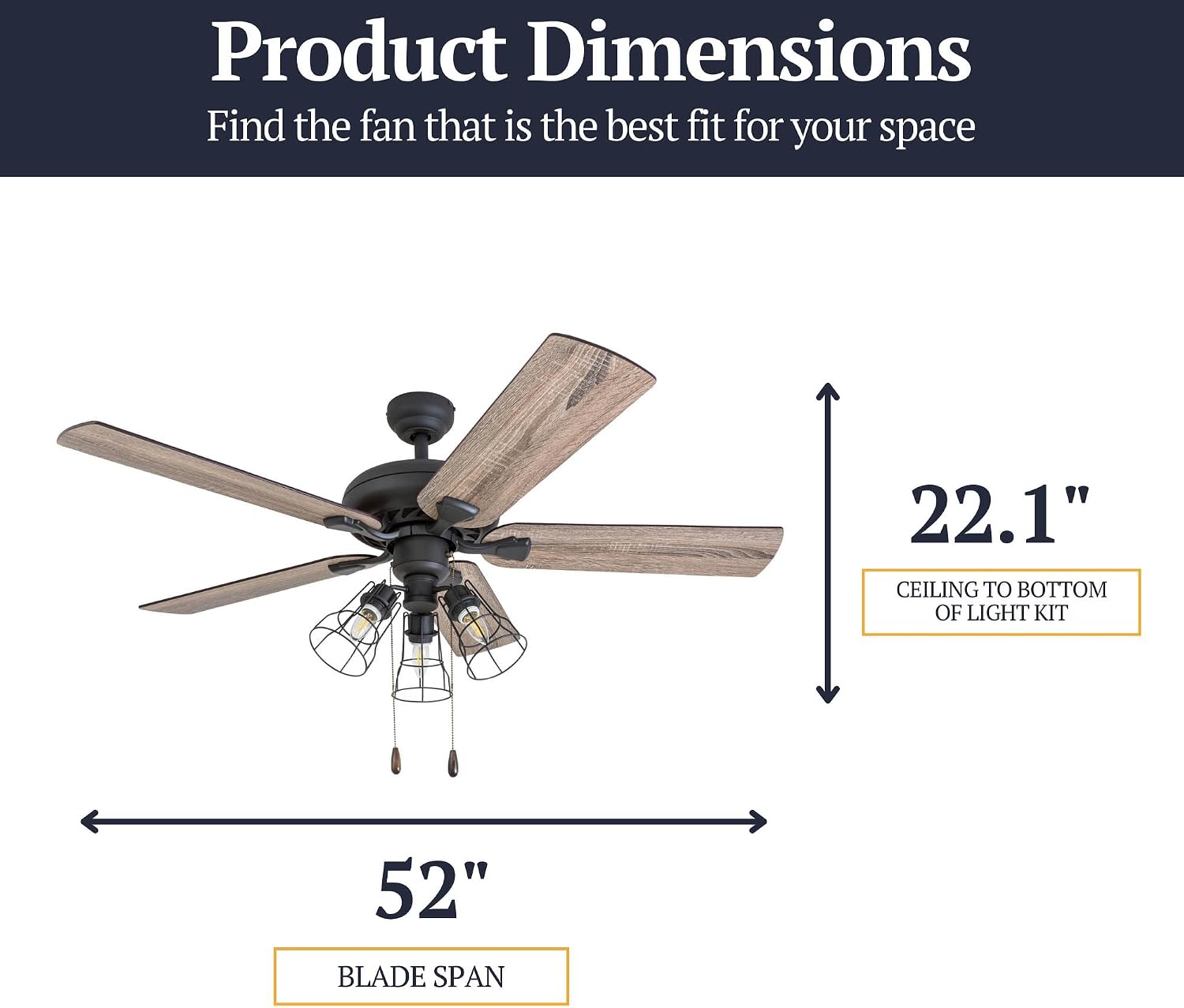 Prominence Home Lincoln Woods 52 Inch Ceiling Fan with LED Light, Pull Chain & Remote, 5 Blades with Reversible Motor and Tri-Mount Options, Bronze