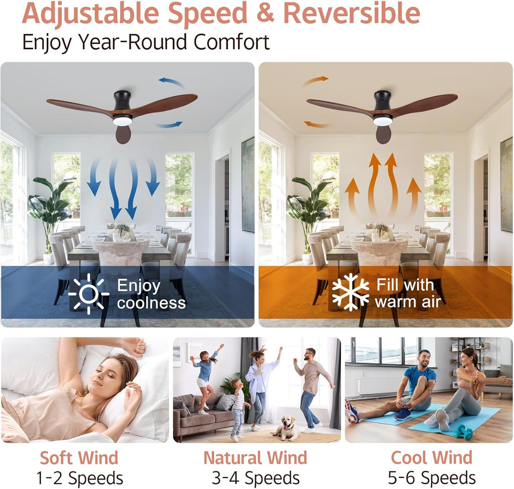 52' Smart Ceiling Fans with Lights and Remote, Compatible with Voice WIFI Alexa App Control,Solid Wood Blades,Reversible,6 Speed,Dimmable,Indoor/Outdoor Ceiling Fans for Living Room,Bedroom,Patio