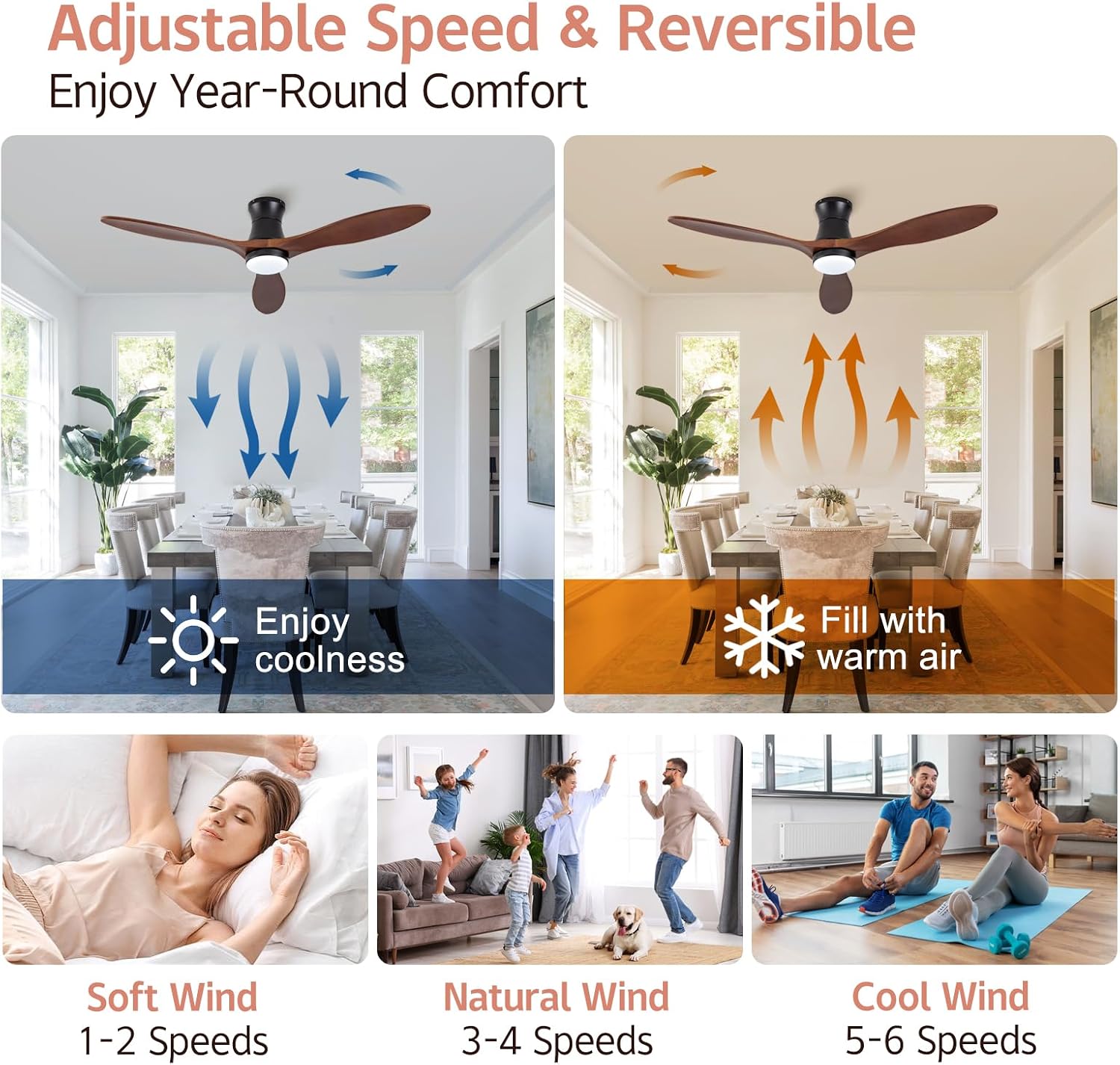 52' Smart Ceiling Fans with Lights and Remote, Compatible with Voice WIFI Alexa App Control,Solid Wood Blades,Reversible,6 Speed,Dimmable,Indoor/Outdoor Ceiling Fans for Living Room,Bedroom,Patio