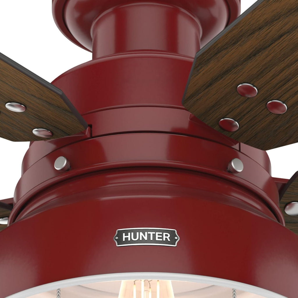 Hunter 52 inch Outdoor or Indoor Ceiling Fan with LED Light - Rustic Ceiling Fan with Pull Chain, For Bedroom, Living Room, or Patio, Low Profile Mount, No Remote - Mill Valley 59312, Barn Red
