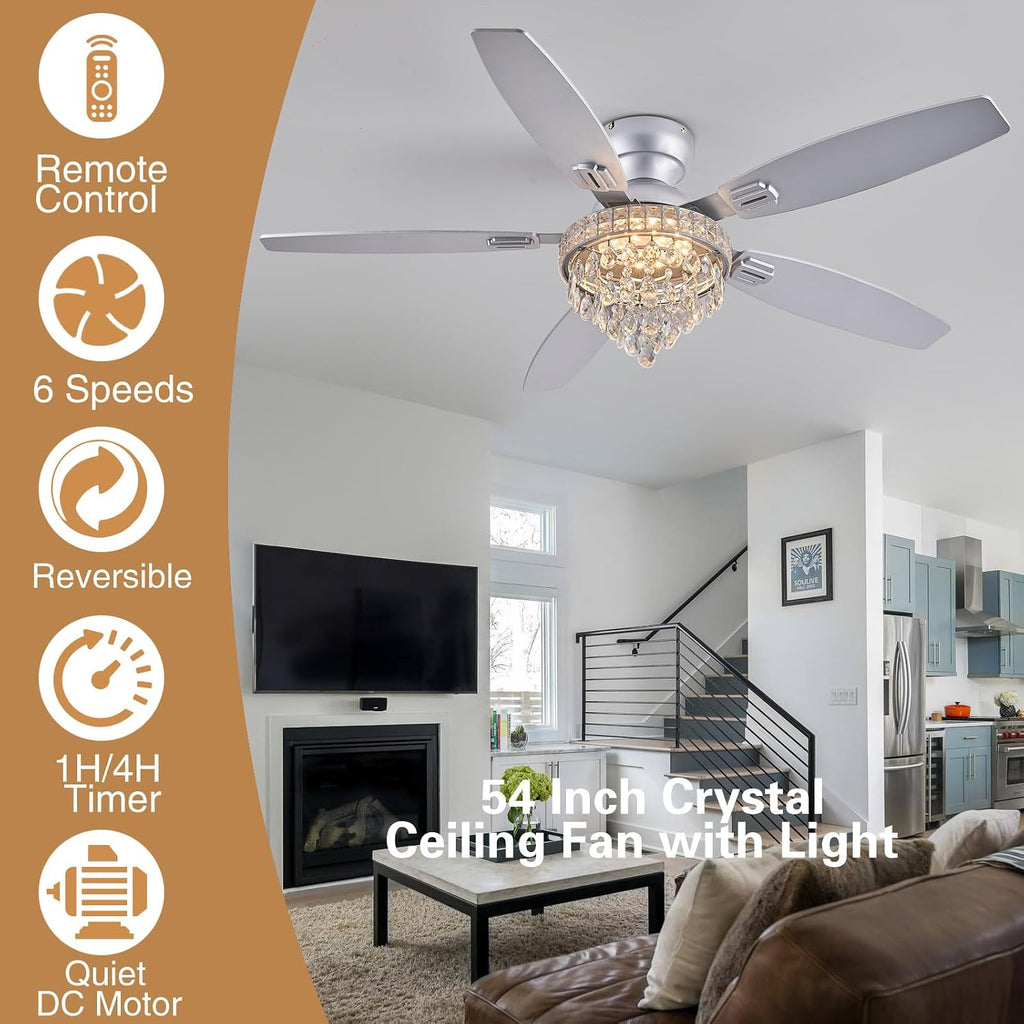 Crystal Ceiling Fan Fandelier with Lights-Ceiling Fans with Lights,54' Low Profile and Remote Control, Flush Mount, Reversible, Dimmable, Noiseless, Sliver Ceiling Fan for Bedroom