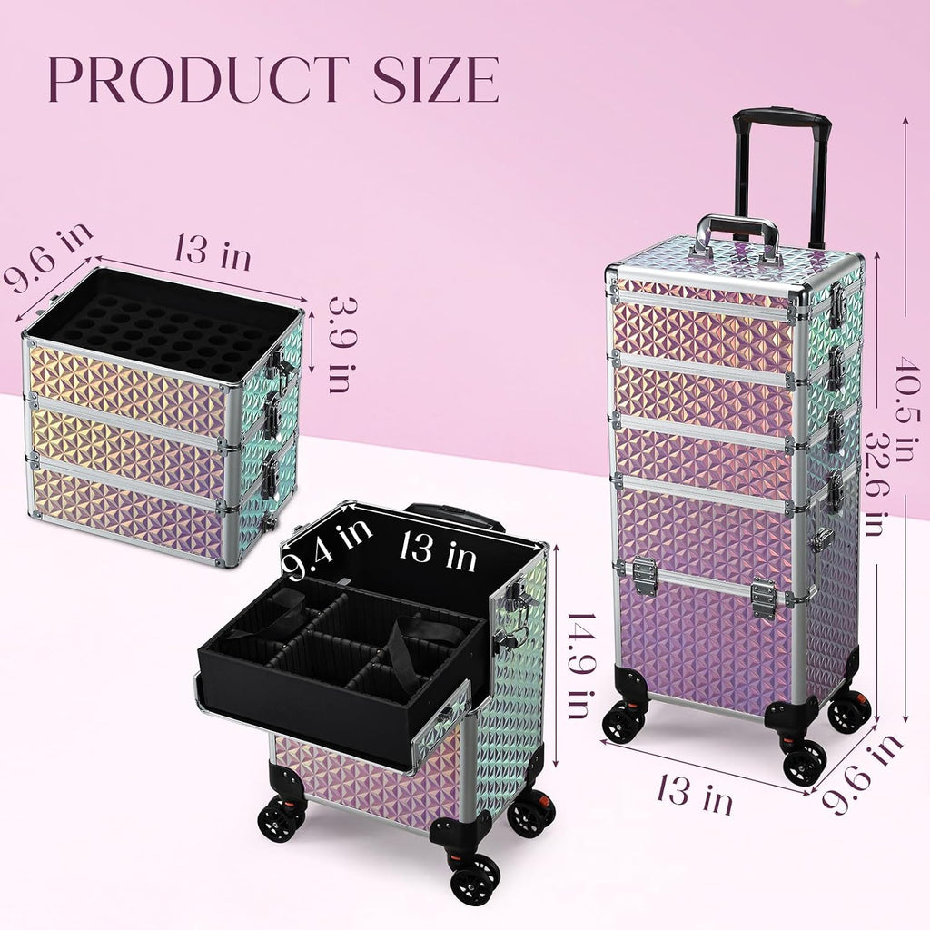 Yueieoun 5 in 1 Rolling Makeup Case, Cosmetology Case on Wheels Travel Make up Train Case Nail Cart Makeup Organizer Cosmetic Storage Box Cases Extra Large Trolley Truck with 360° Swivel Wheels, Pink