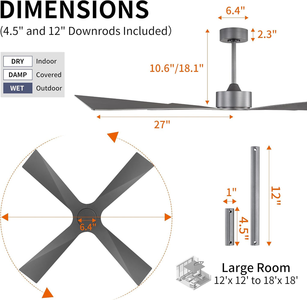 WINGBO 54' Wet Rated Outdoor Ceiling Fan without Lights, 4 ABS Plastic Blades, 6-Speed Reversible Quiet DC Motor, Waterproof Ceiling Fan No Lights for Patio Porch Gazebo Garage, Brushed Graphite