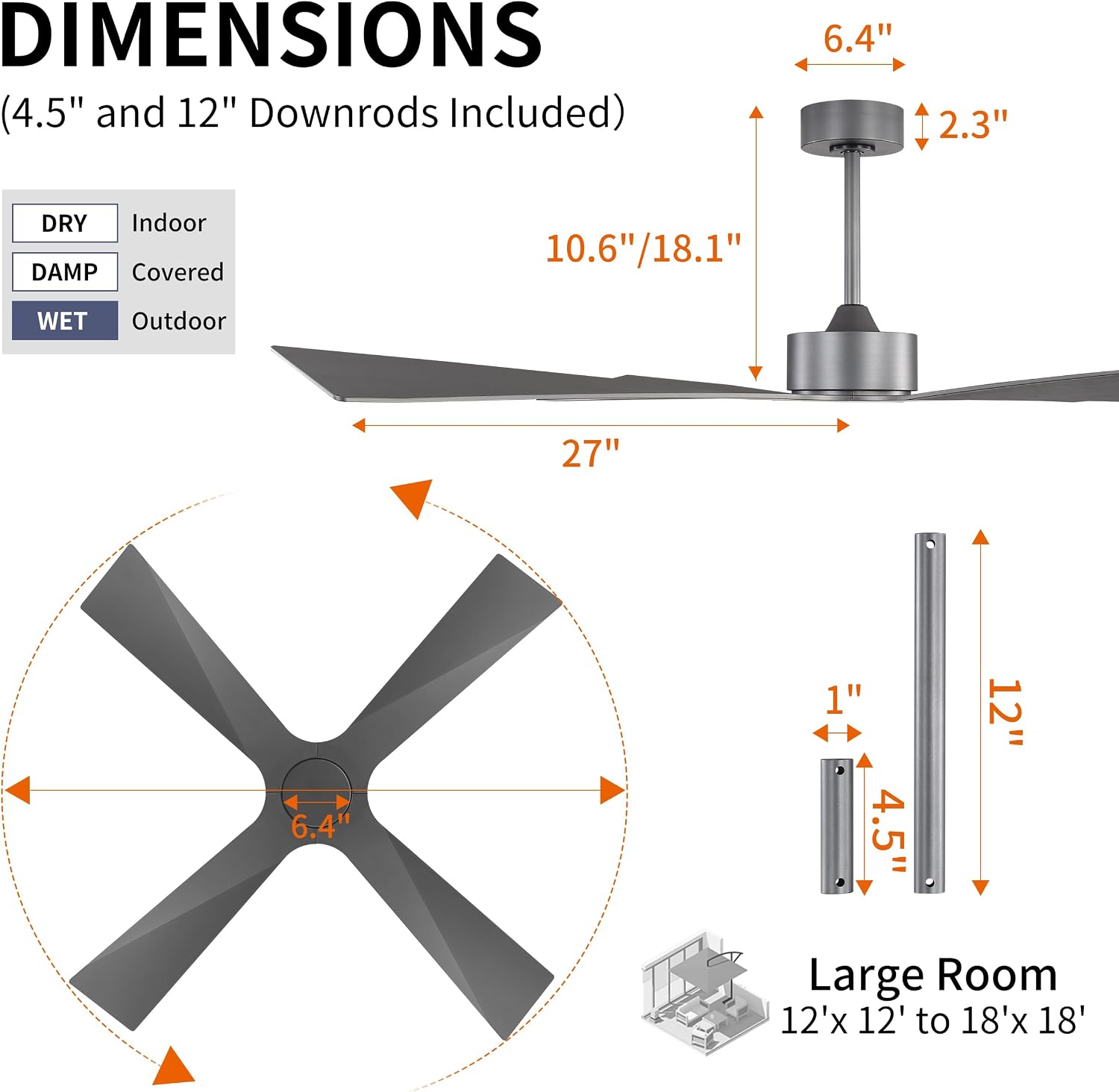 WINGBO 54' Wet Rated Outdoor Ceiling Fan without Lights, 4 ABS Plastic Blades, 6-Speed Reversible Quiet DC Motor, Waterproof Ceiling Fan No Lights for Patio Porch Gazebo Garage, Brushed Graphite