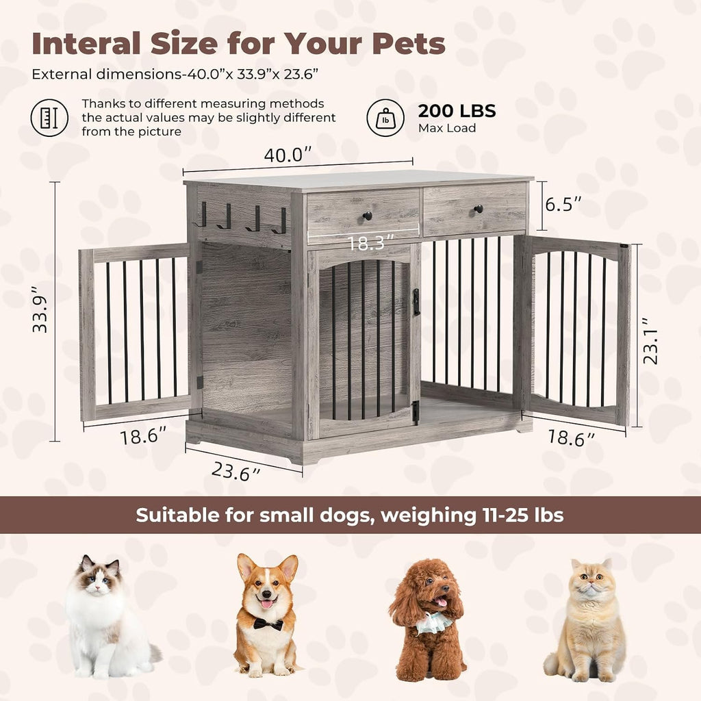 40 Inch Dog Crate Furniture, Wooden Dog Kennel Furniture, Heavy-Duty Dog Crate End Table with Storage Drawers, Double Doors Decorative Pet Cage House Indoor for Medium Large Dog, Gray