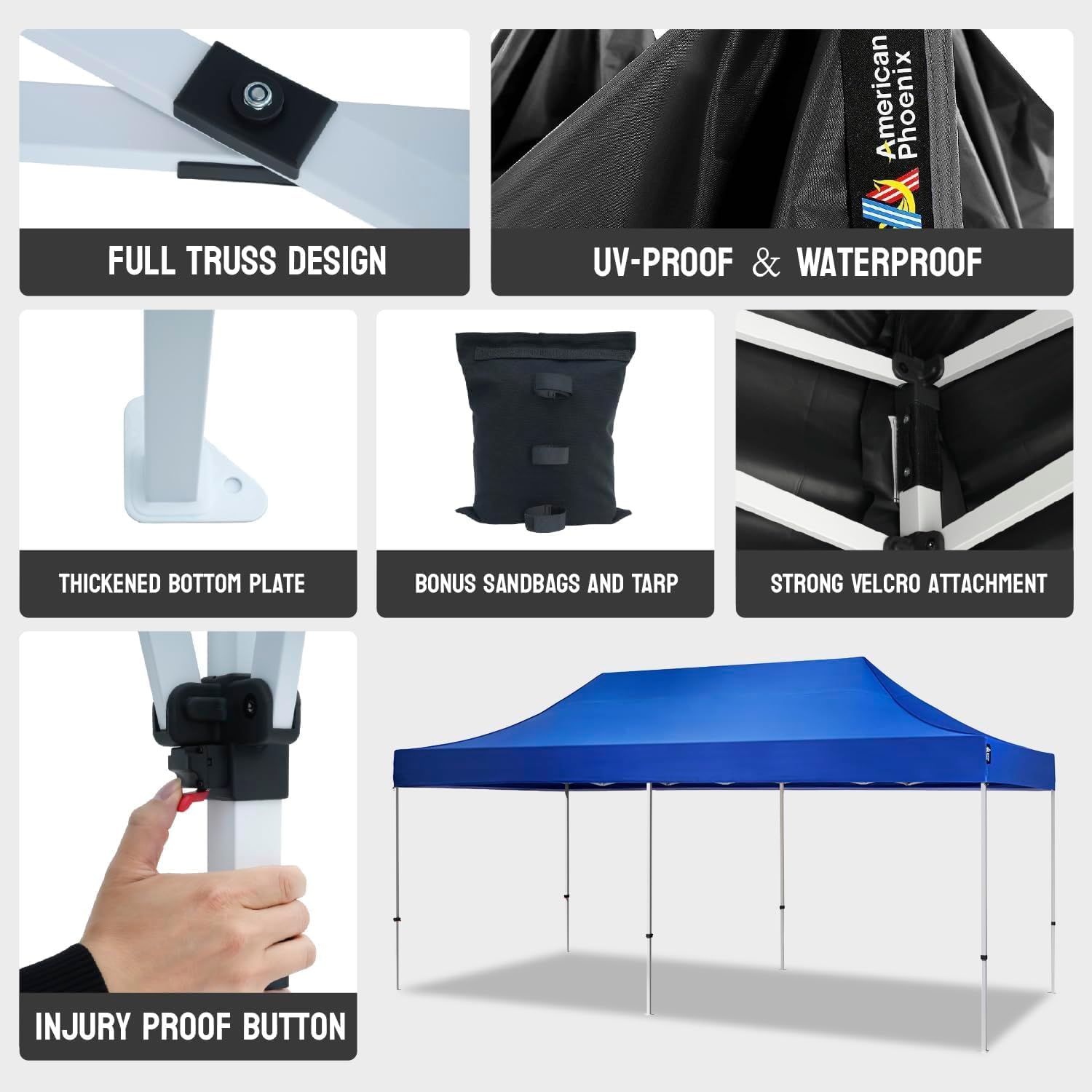 AMERICAN PHOENIX Canopy Tent 10x20 Pop Up Portable Instant Commercial Heavy Duty Outdoor Market Shelter Event Tent (Blue w/Roller Bag)