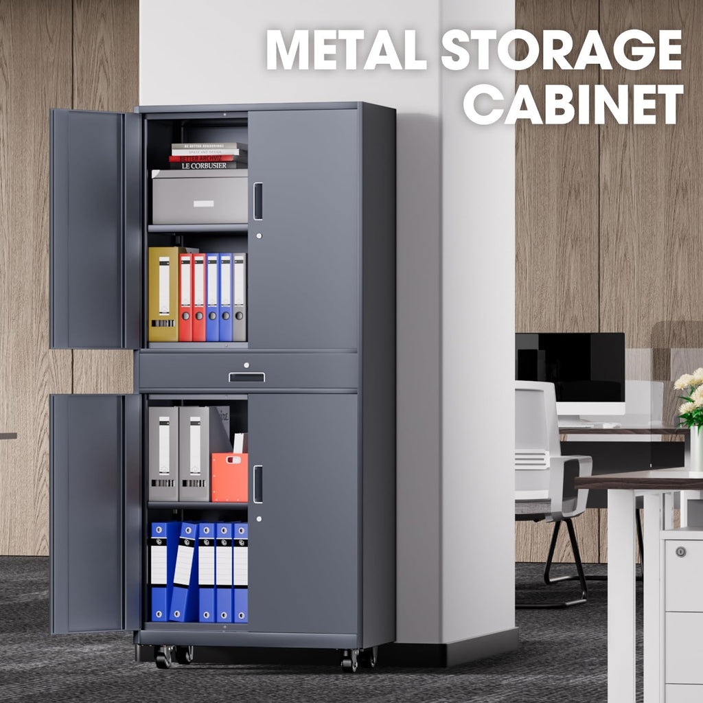 DNA Motoring 73'' Metal Storage Cabinet, Rolling Garage Cabinet with 1 Drawer and Adjustable Shelves, Lockable Heavy Duty Metal Locker for Garage,Office,Home,Gym, Gray, TOOLS-00630-GY-GY-A