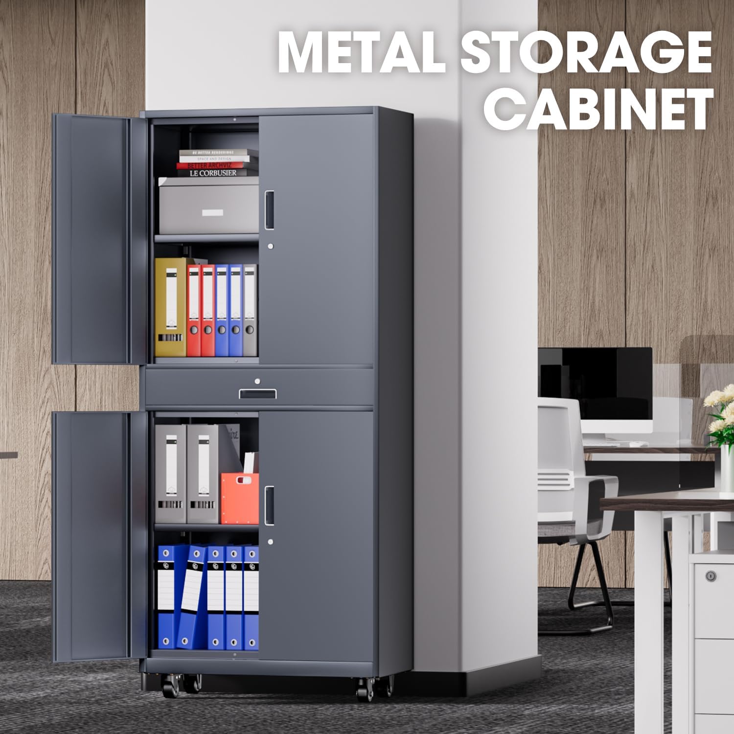 DNA Motoring 73'' Metal Storage Cabinet, Rolling Garage Cabinet with 1 Drawer and Adjustable Shelves, Lockable Heavy Duty Metal Locker for Garage,Office,Home,Gym, Gray, TOOLS-00630-GY-GY-A