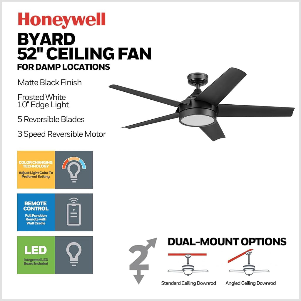 Honeywell Byard 52 Inch Indoor and Outdoor Ceiling Fan with Color Changing LED Light and Remote Control, 5 Blades, Matte Black