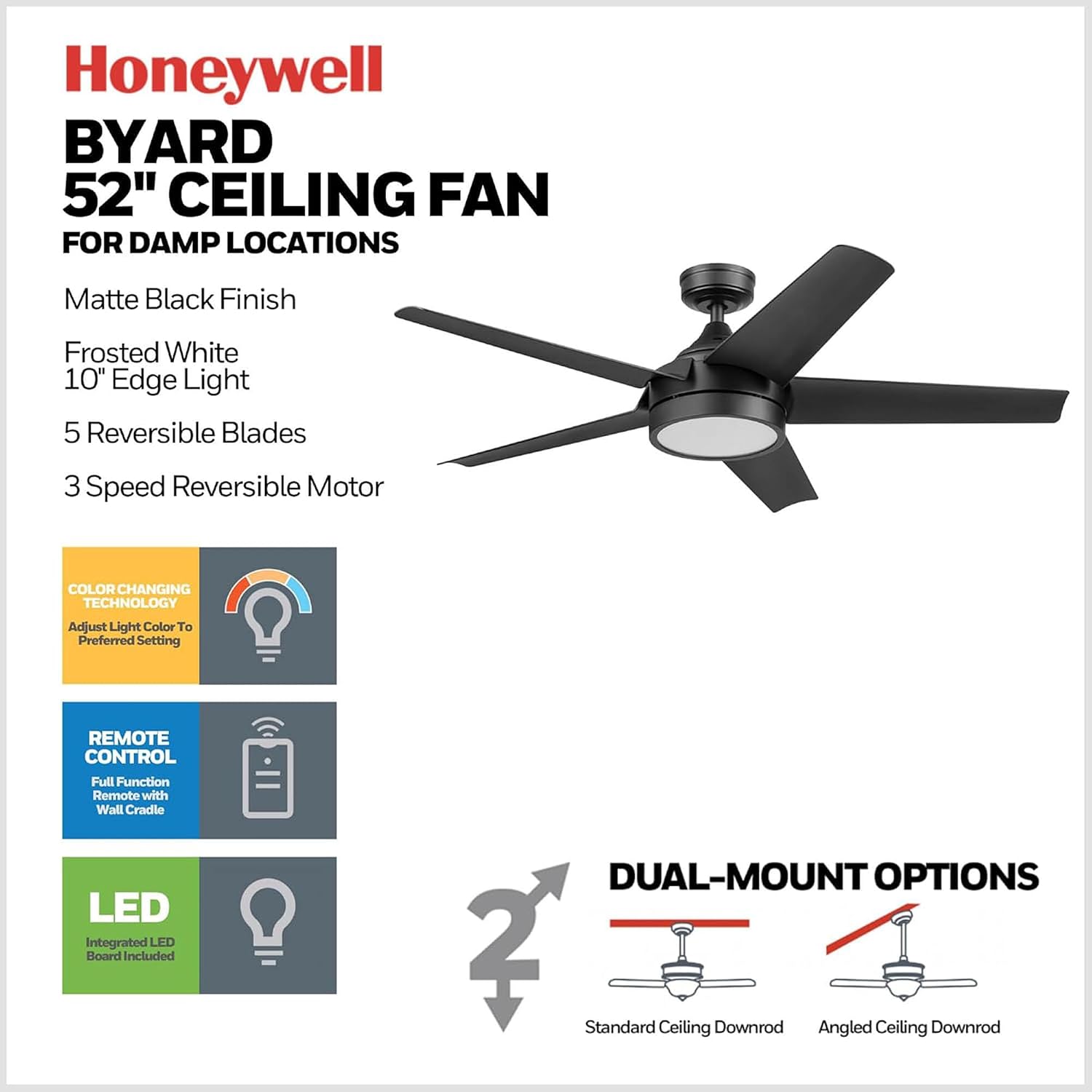 Honeywell Byard 52 Inch Indoor and Outdoor Ceiling Fan with Color Changing LED Light and Remote Control, 5 Blades, Matte Black
