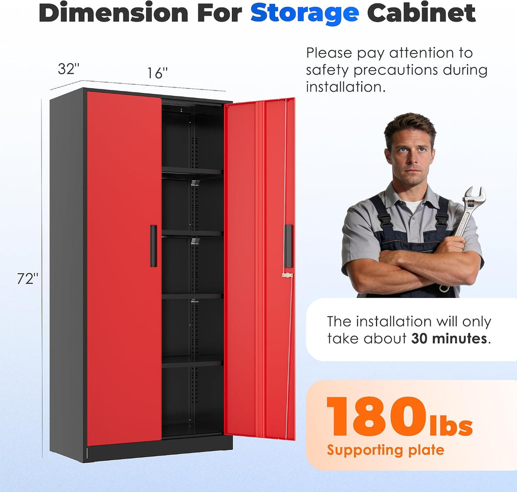 INTERGREAT Storage Cabinet with Doors and Shelves, Metal Garage Storage Cabinets with Lock, Black Lockable Steel Supply Cabinet for Home Office, Warehouse (Black Red)