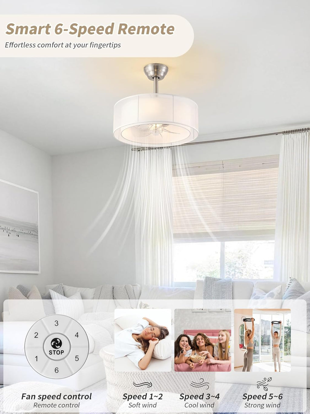 20' Caged Fandelier Ceiling Fans with Lights, Silver Boho Chandelier Ceiling Fan with Light Remote Control with 6 Speeds for Bedroom, Living Room, Nursery