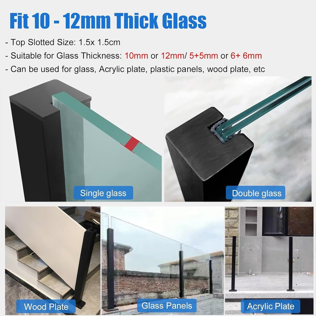 Commercial Glass Railing Columns Side Mount, Black Black Matte Finish Balcony Glass Fence Clamp Bracket with 15mm Inner Slots, for 3/8-1/2 In Glass/Wood/Plastics Panel(Black-Middle Post,Height - 48in)