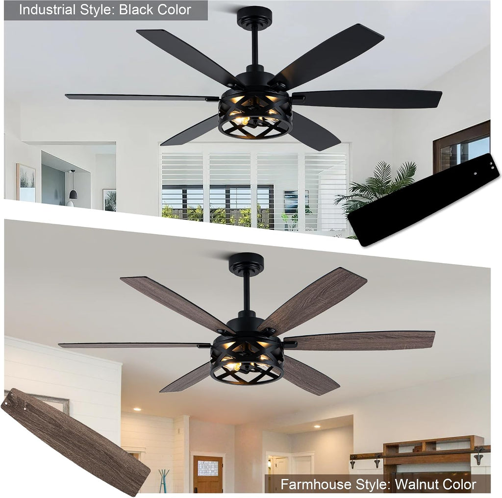 60' Farmhouse Ceiling Fan with Lights and Remote, Large Rustic Ceiling Fan Industrial Caged Fandelier Chandelier Light, Quiet DC Motor 6 Speed 6 Reversible Blades for Living Room Bedroom