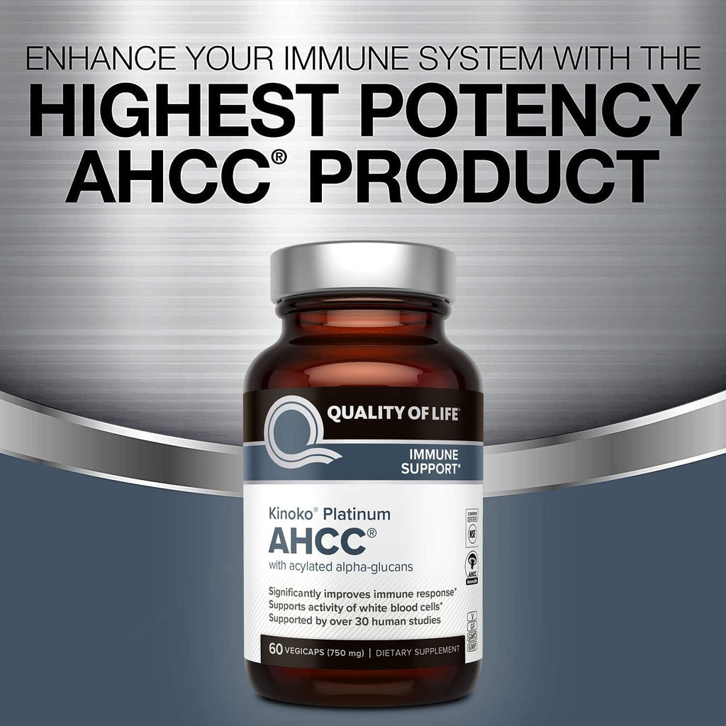 Quality of Life AHCC Kinoko Platinum 750 mg – Premium Immune Support Supplement, Pack of 3-60 Count Bottles