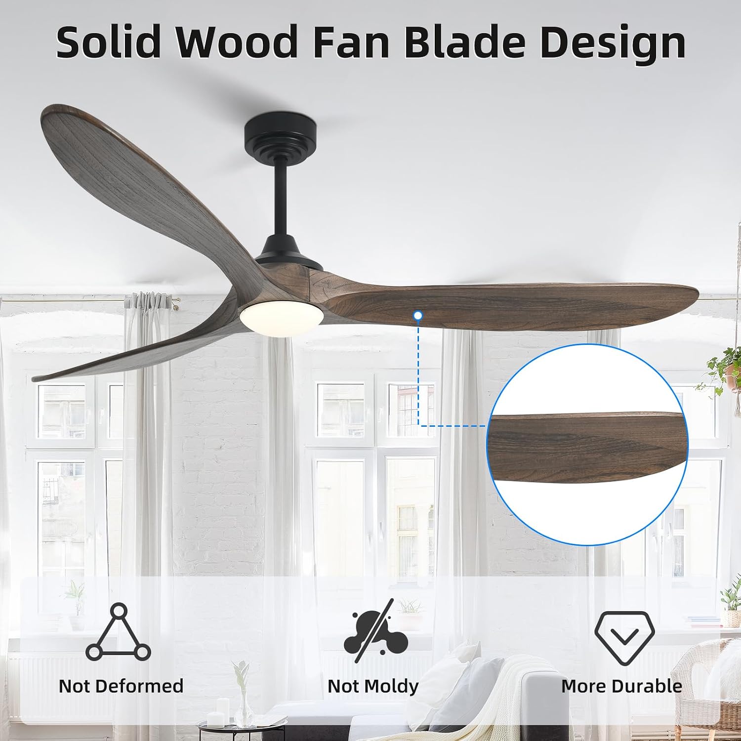 Ceiling Fan with Lights, 72'' Solid Wood Indoor/Outdoor Ceiling Fan with Quiet Reversible DC Motor, Compatible with Alexa/Google, 3CCT Dimmable, 6 Speeds Dark Brown Outdoor Fan for Patio Porch