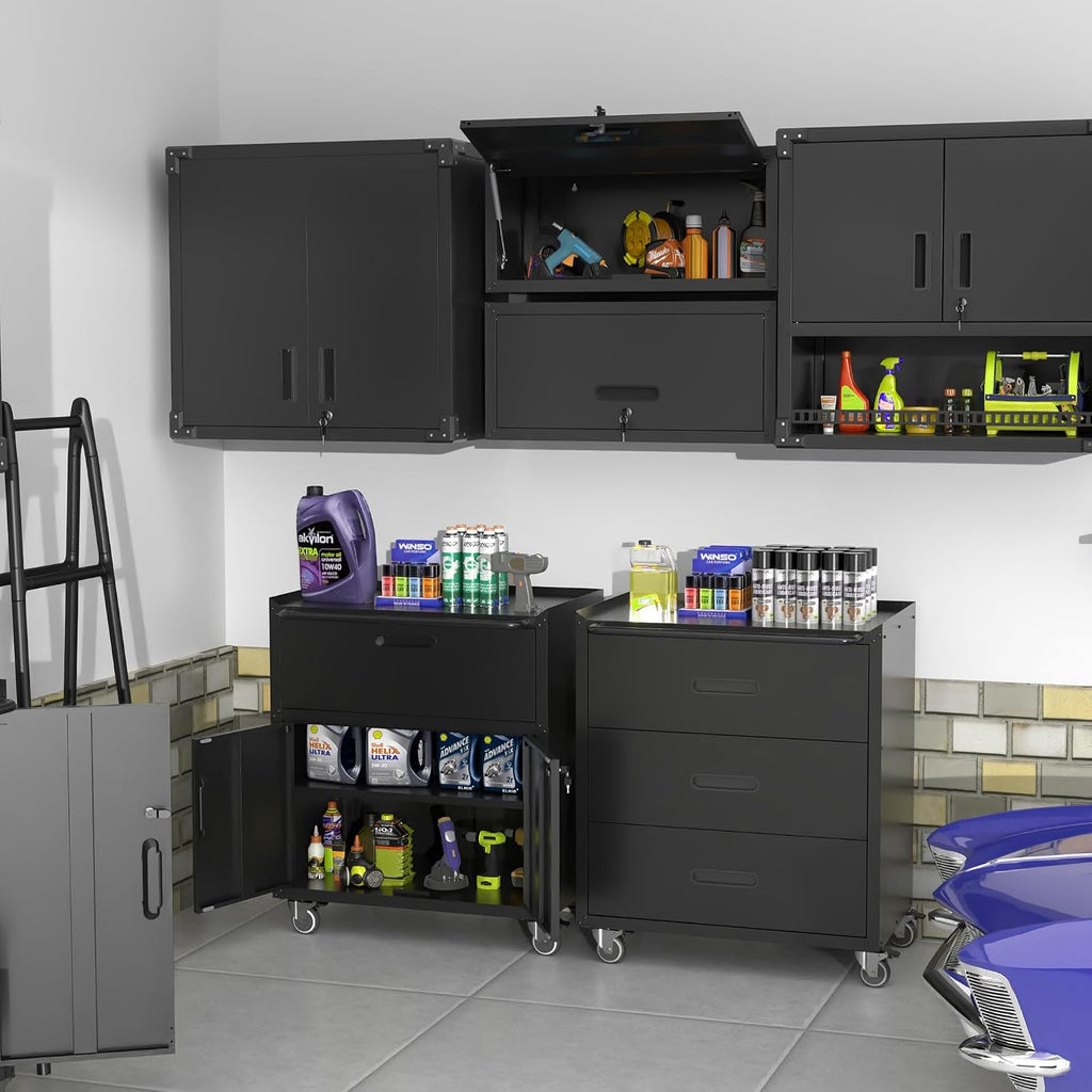 Metal Garage Storage Cabinet on Wheels, Lockable Rolling Tool Cabinet with Drawer and Shelves, Heavy Duty Mobile Steel Cabinet for Garage Warehouse Workshop