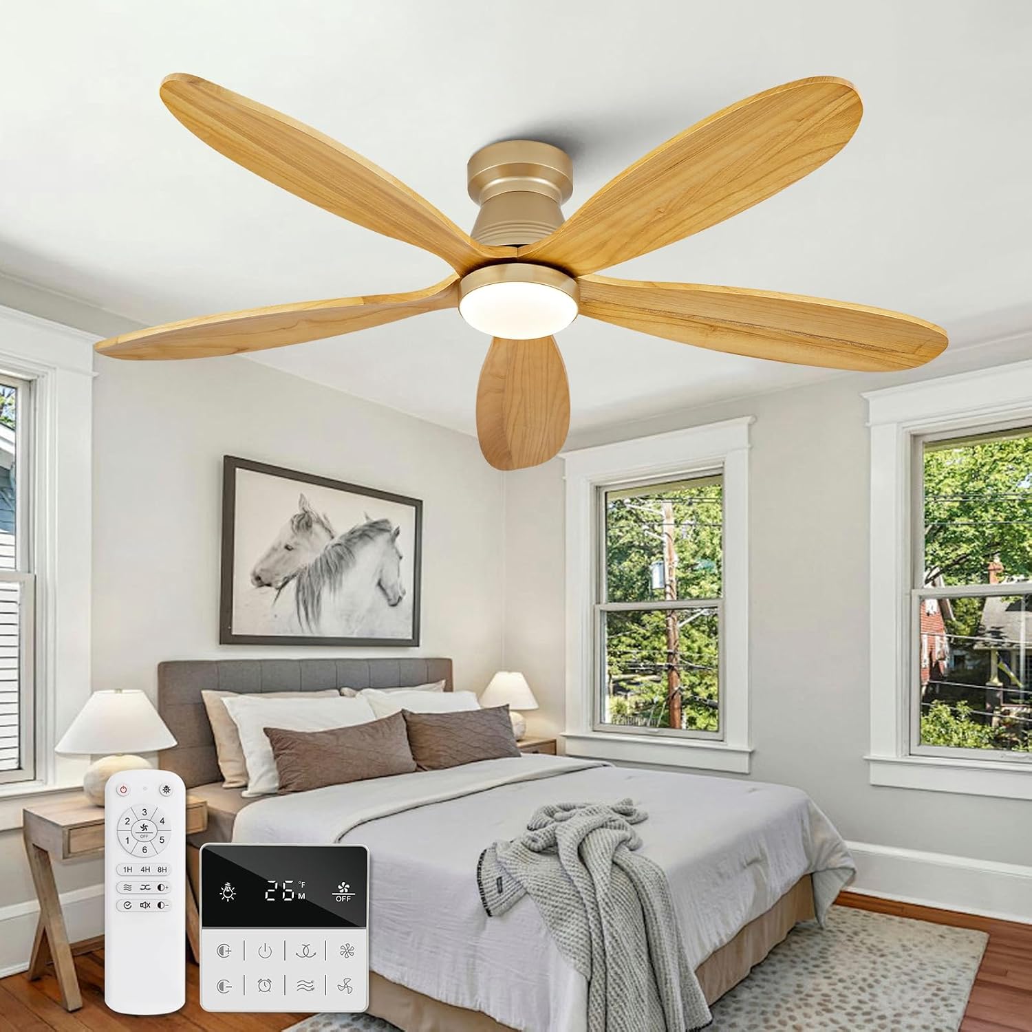 48 Inch Flush Mount Ceiling Fans with Lights and Remote, Modern Low Profile Wood Ceiling Fan with Light，Indoor Outdoor Ceiling Fans for Patio Office, Dimmable, Wall Switch, Memory Function