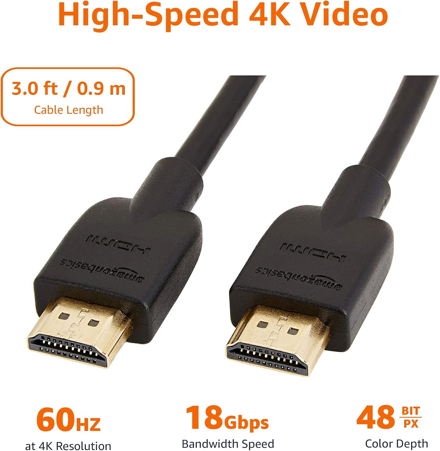 Amazon Basics High-Speed 4K Ultra HD HDMI 2.0 Cable for Blu-ray, 3 feet, Case of 90, 18 Gbps, 60 Hz, 2160p, 48 bit, Ethernet Ready, 3D, Black