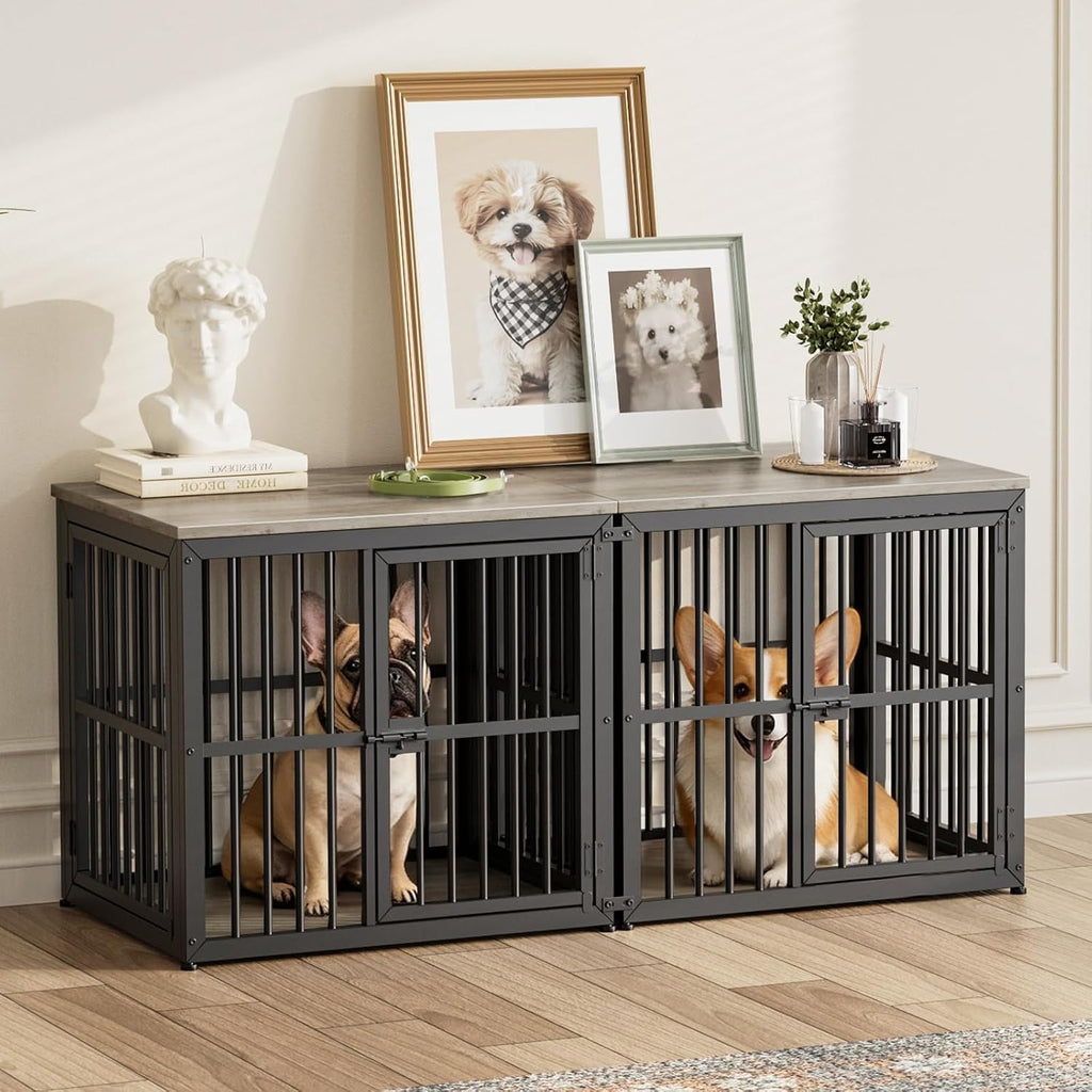 Lyromix 54'' Dog Crate Furniture with Double Rooms,Wooden Crate End Table Heavy Duty Indoor Puppy Cage for 2 Small Dogs, Multiple Units Can be Combined, Grey