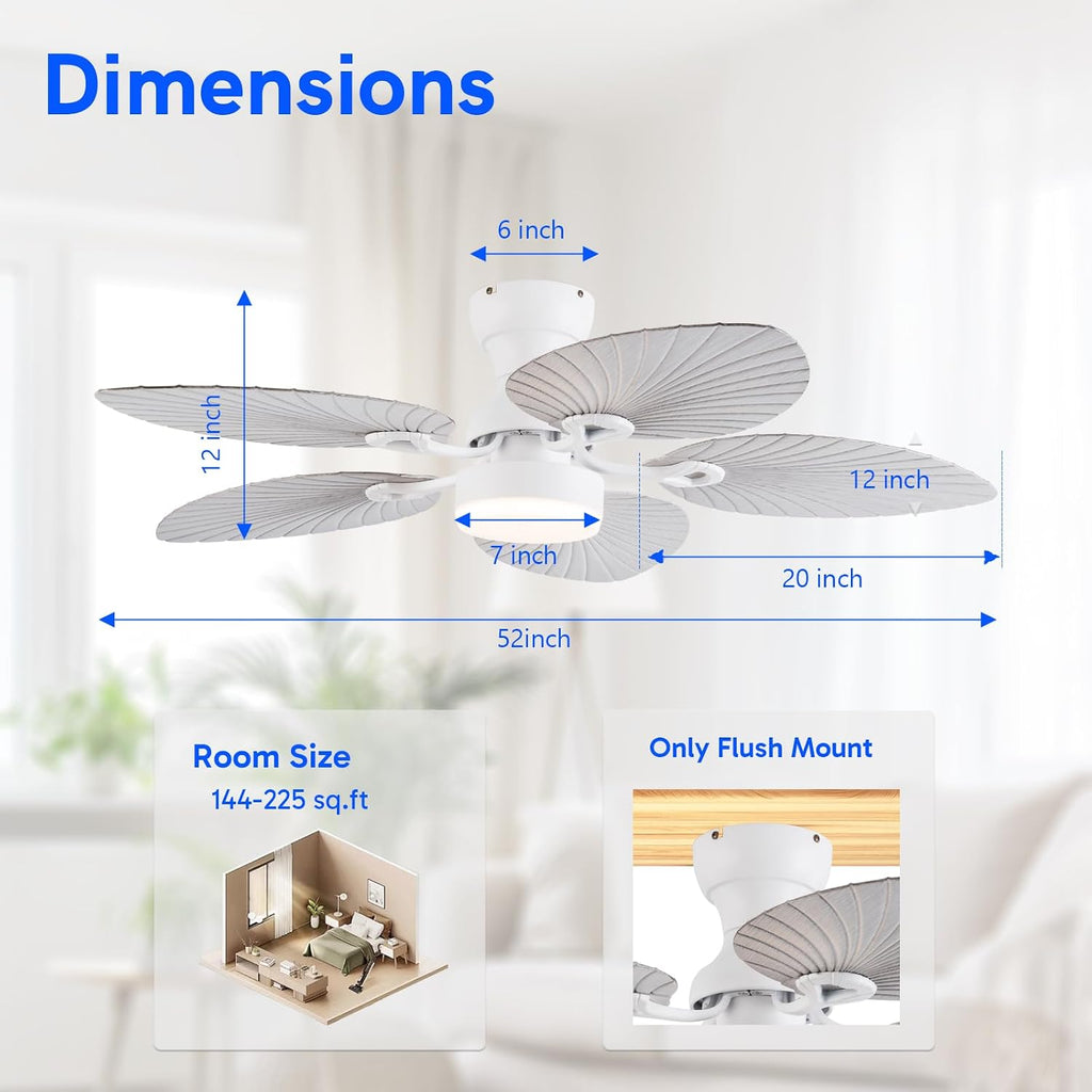 52inch Palm Leaf Ceiling Fans with Light Outdoor Tropical Ceiling Fans with Remote Timer Hand Carved 5 Blades DC Reversible Noiseless motor 6 Speeds Low Profile for Patios Living room Bedroom